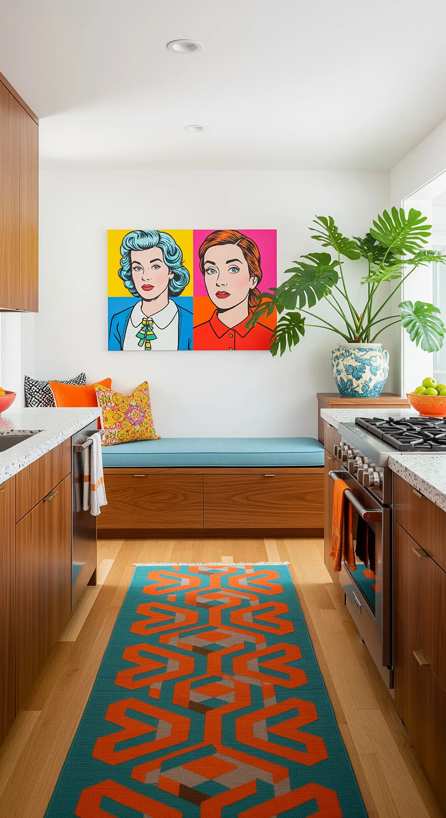 Cucina in legno con panca blu, cuscini colorati e un grande quadro in stile Pop Art.