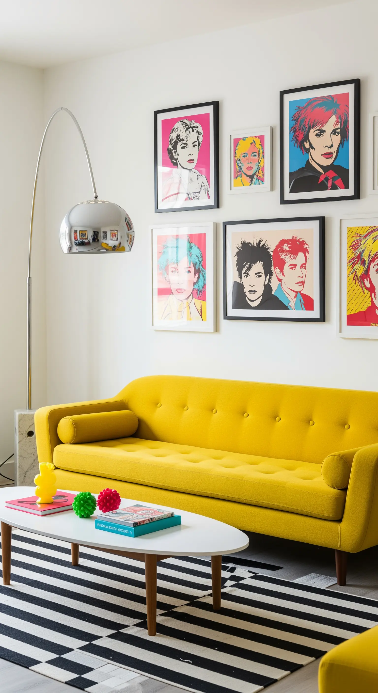 Salotto con divano giallo Mid-Century, tappeto a righe e una galleria di ritratti Pop Art.