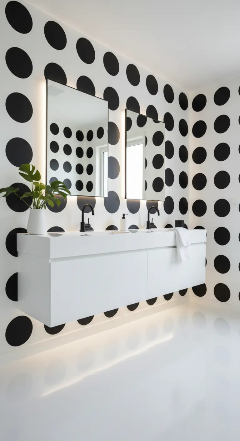 Parete a grandi pois neri in un bagno con mobile bianco sospeso.