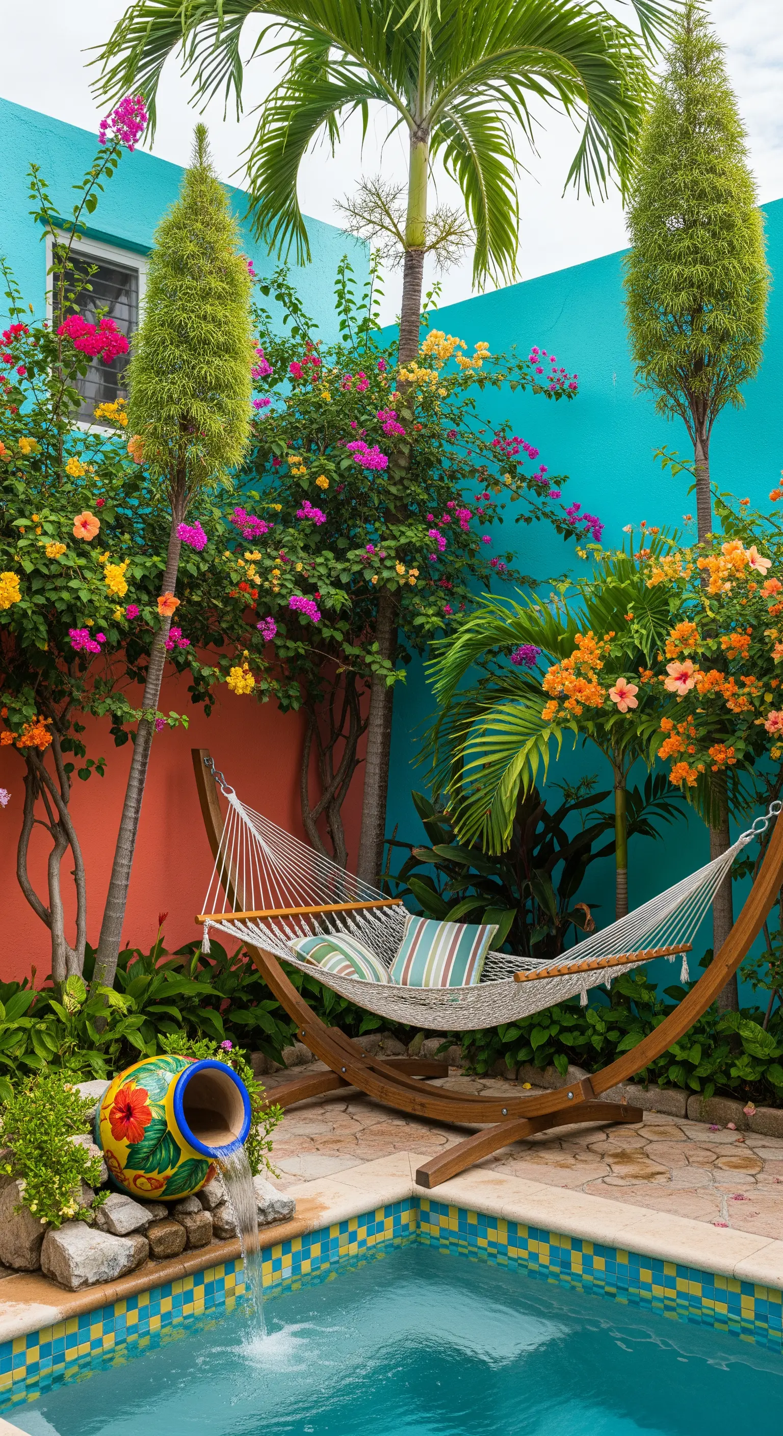 Cortile colorato con pareti turchesi, bouganville e amaca vicino a una piccola piscina.