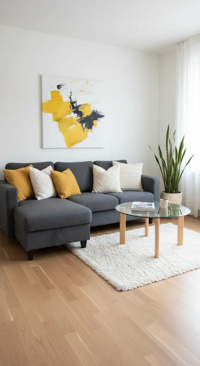 Divano grigio con cuscini gialli e un quadro astratto abbinato su una parete bianca.