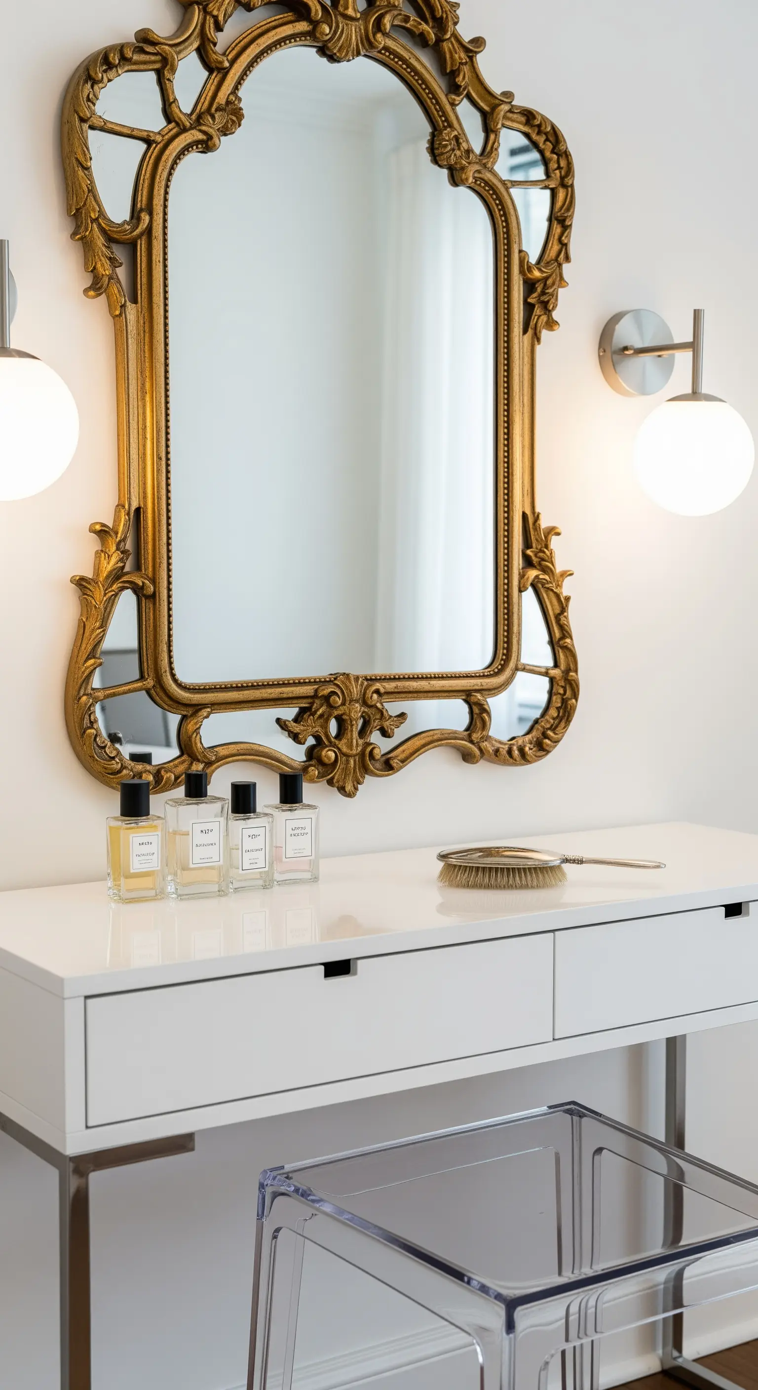 Specchio dorato barocco sopra una consolle bianca moderna con sedia trasparente.