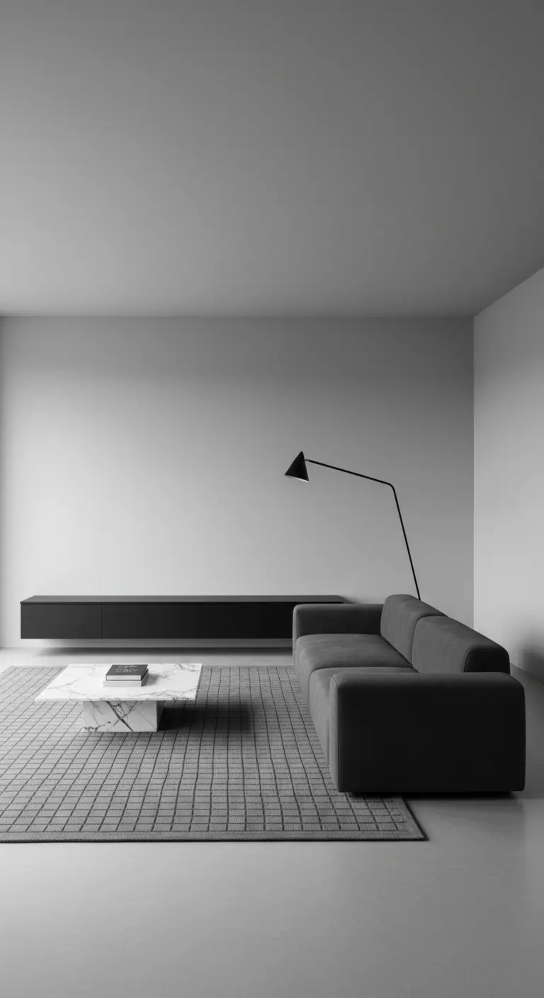 Salotto grigio minimalista con divano, tavolino in marmo e mobile sospeso.