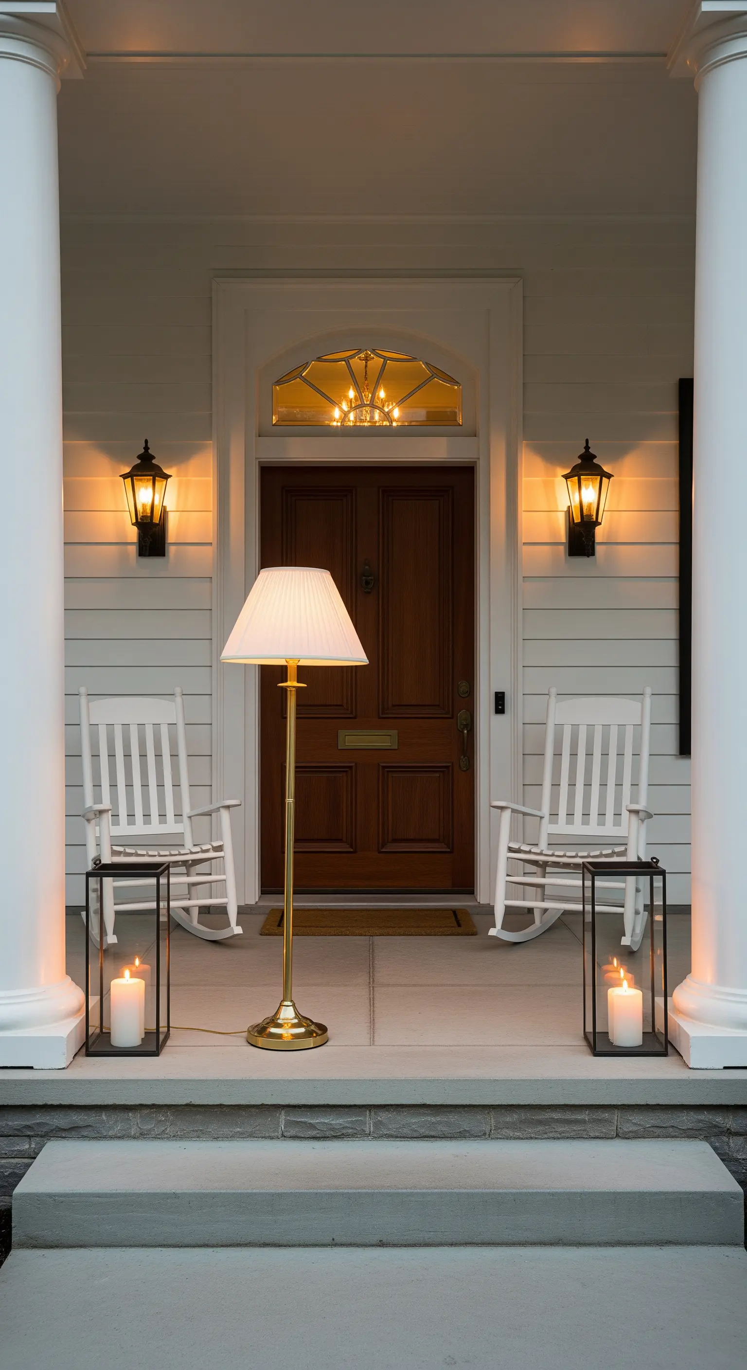 Ingresso classico con porta in legno, lampada da terra in ottone e due sedie a dondolo bianche.