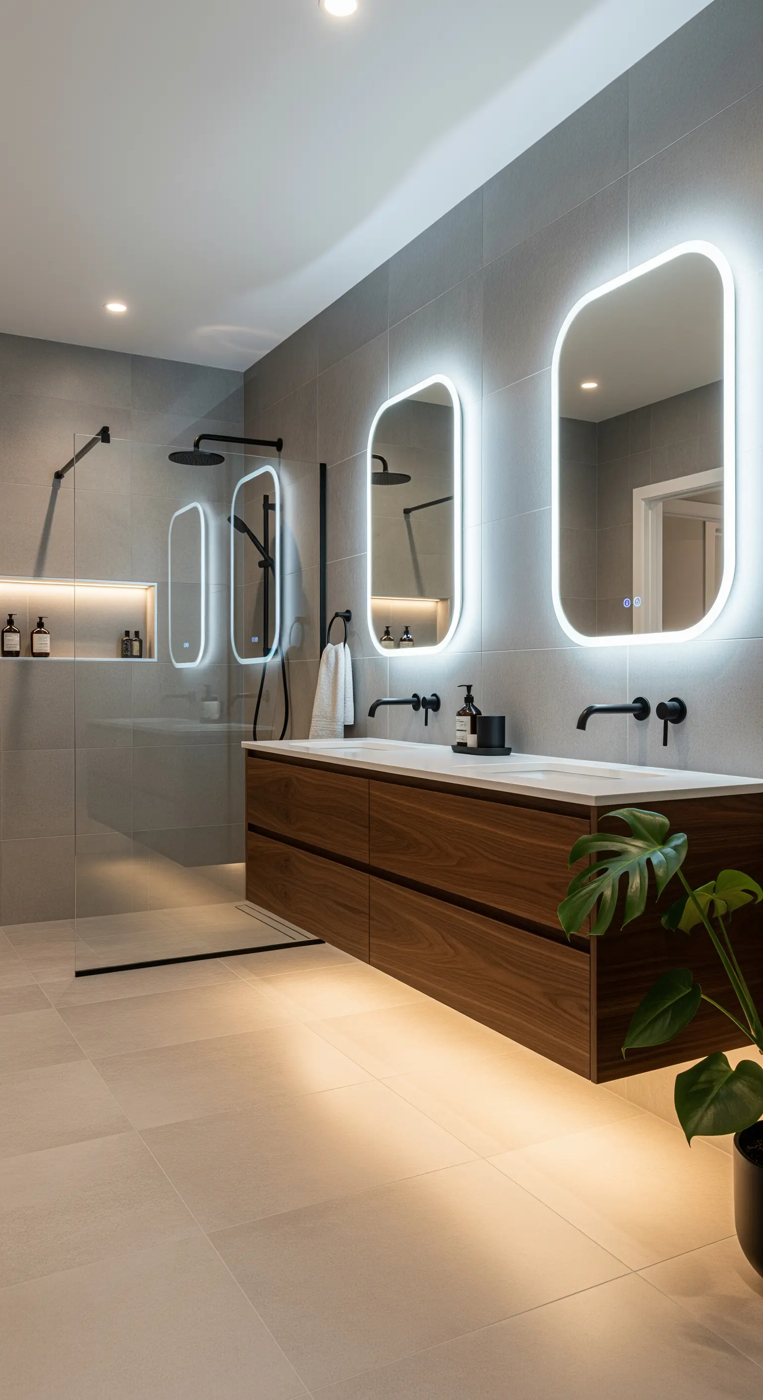 Bagno moderno con doppio lavabo in legno, piastrelle grigie e specchi retroilluminati.