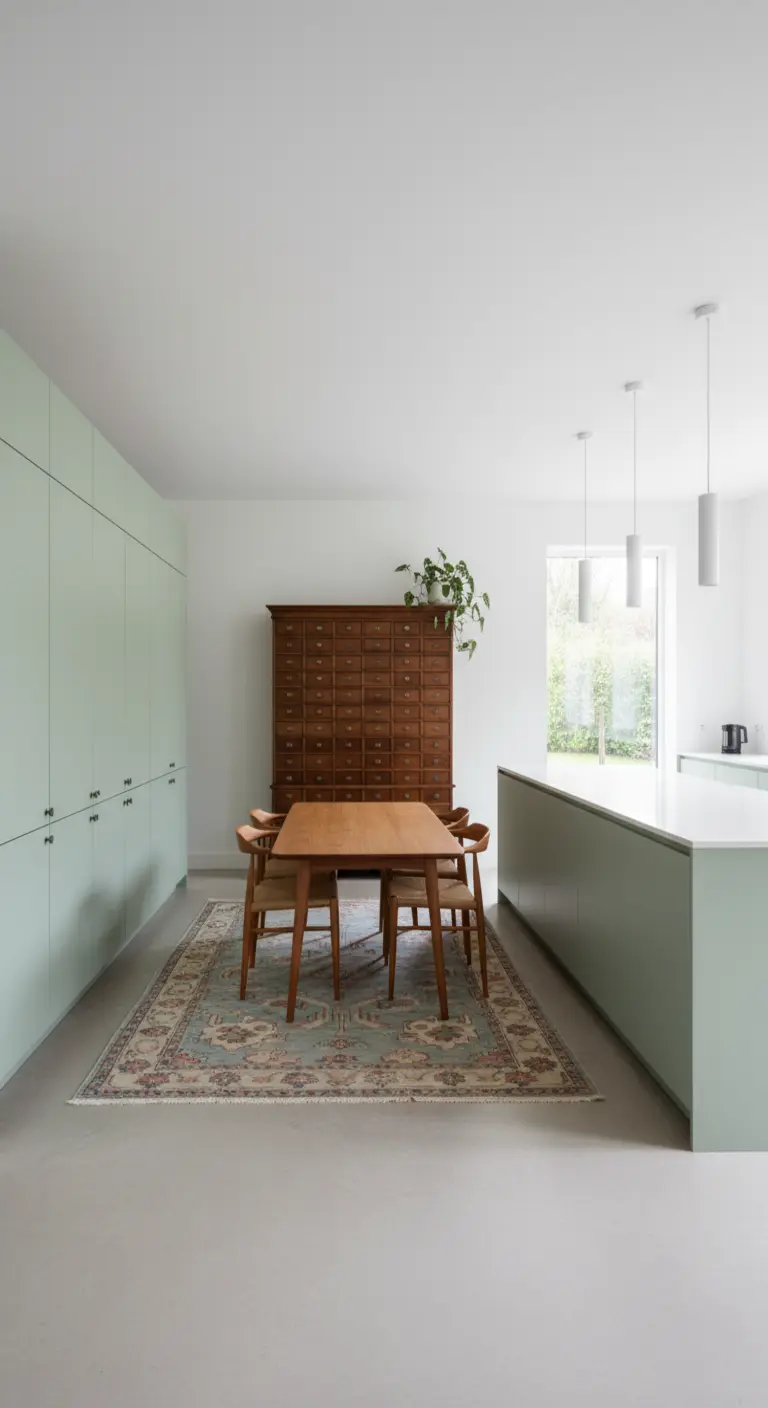 Cucina minimalista con mobile da speziale antico e tappeto persiano dai toni neutri.