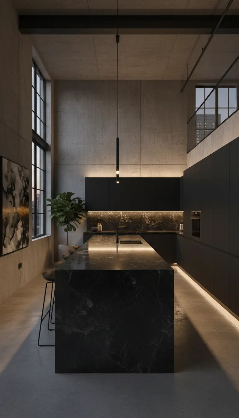 Cucina industrial con isola in marmo nero e luce LED calda a pavimento e sotto i pensili.