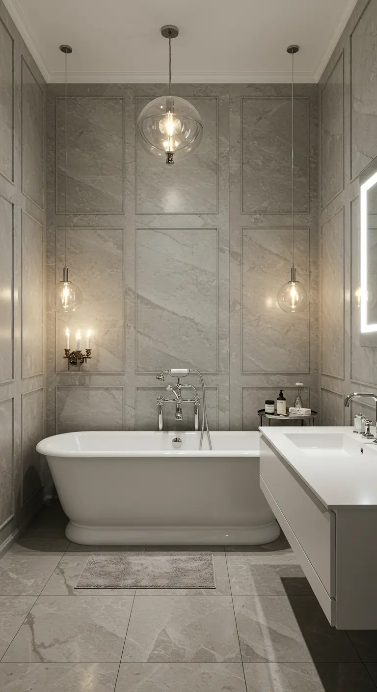 Bagno classico con pareti a pannelli grigi, vasca centrale e due lampade a sospensione simmetriche.