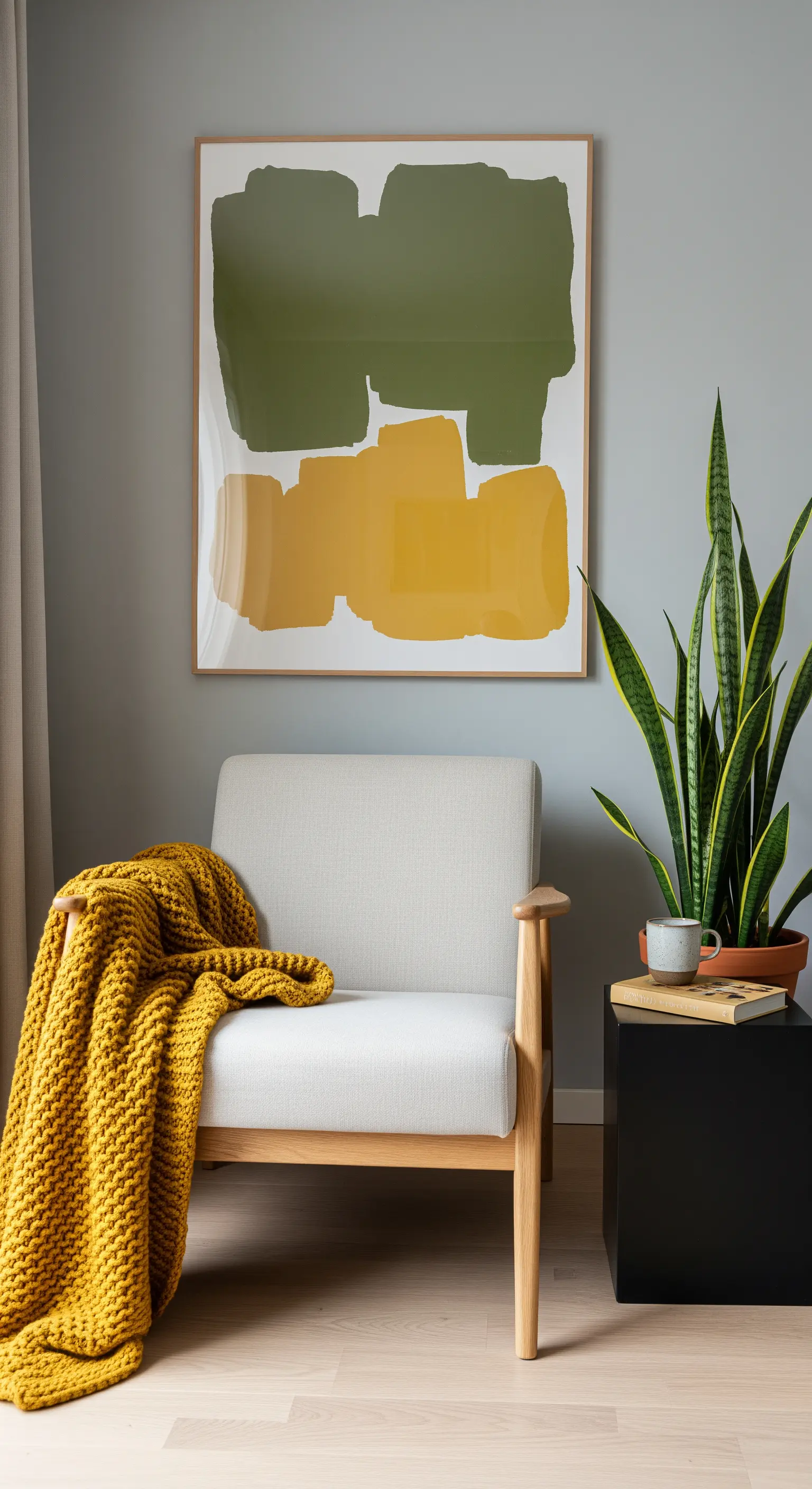 Poltrona grigio chiaro con coperta senape e quadro astratto verde oliva e giallo.
