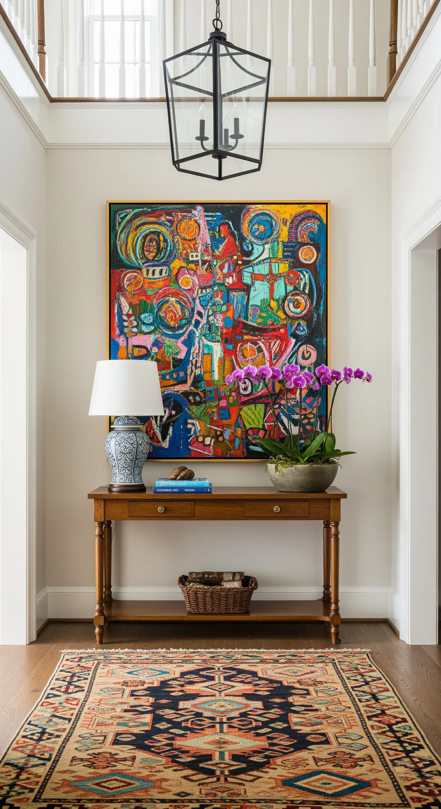 Ingresso con consolle classica in legno, lampada in porcellana e un grande quadro astratto colorato.