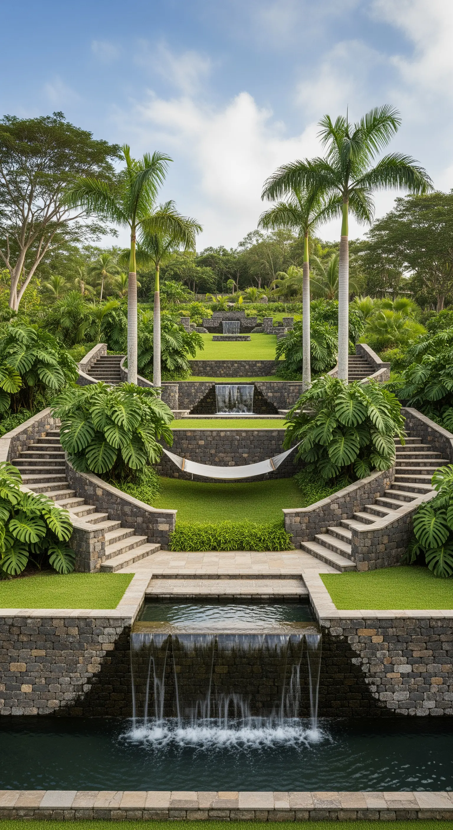 Giardino terrazzato monumentale con scalinate in pietra, cascate e amaca.