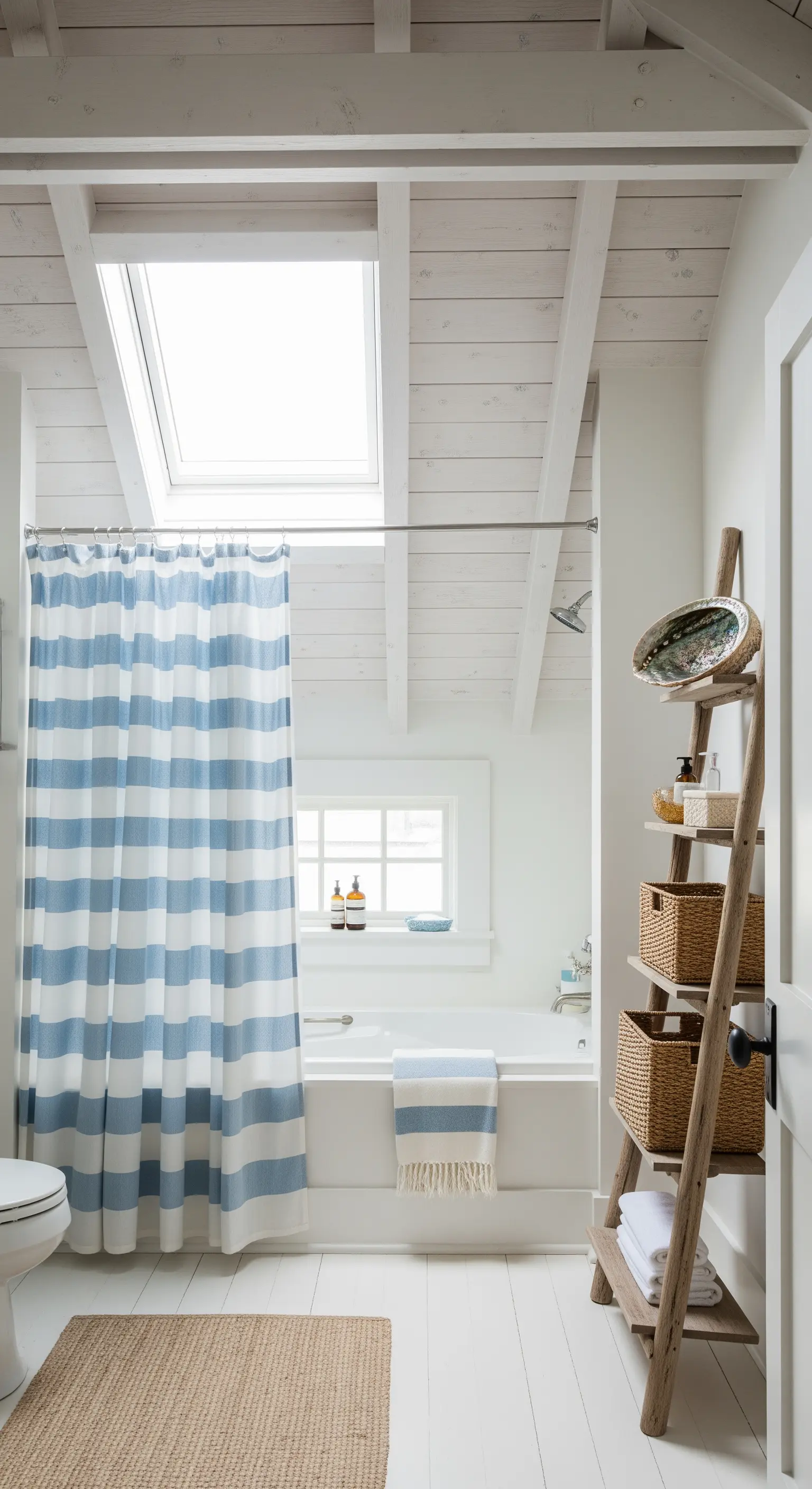 Bagno con tenda doccia a righe blu, scala in legno e soffitto con travi a vista.