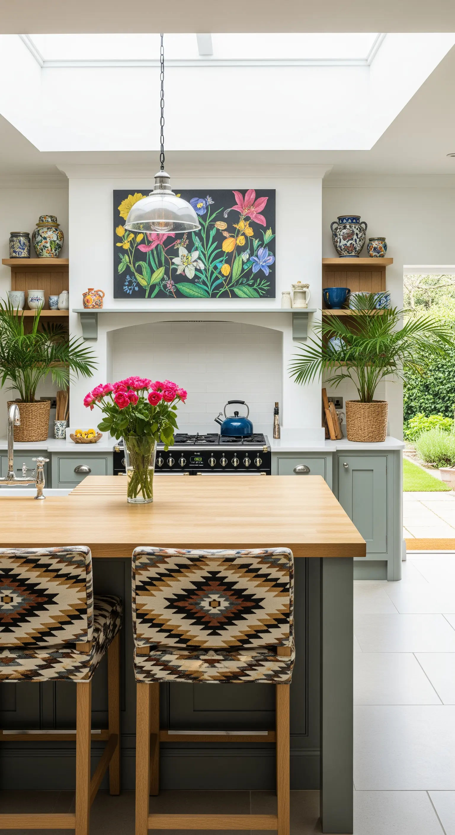 Isola cucina verde salvia con sgabelli dal motivo etnico e un grande quadro floreale.
