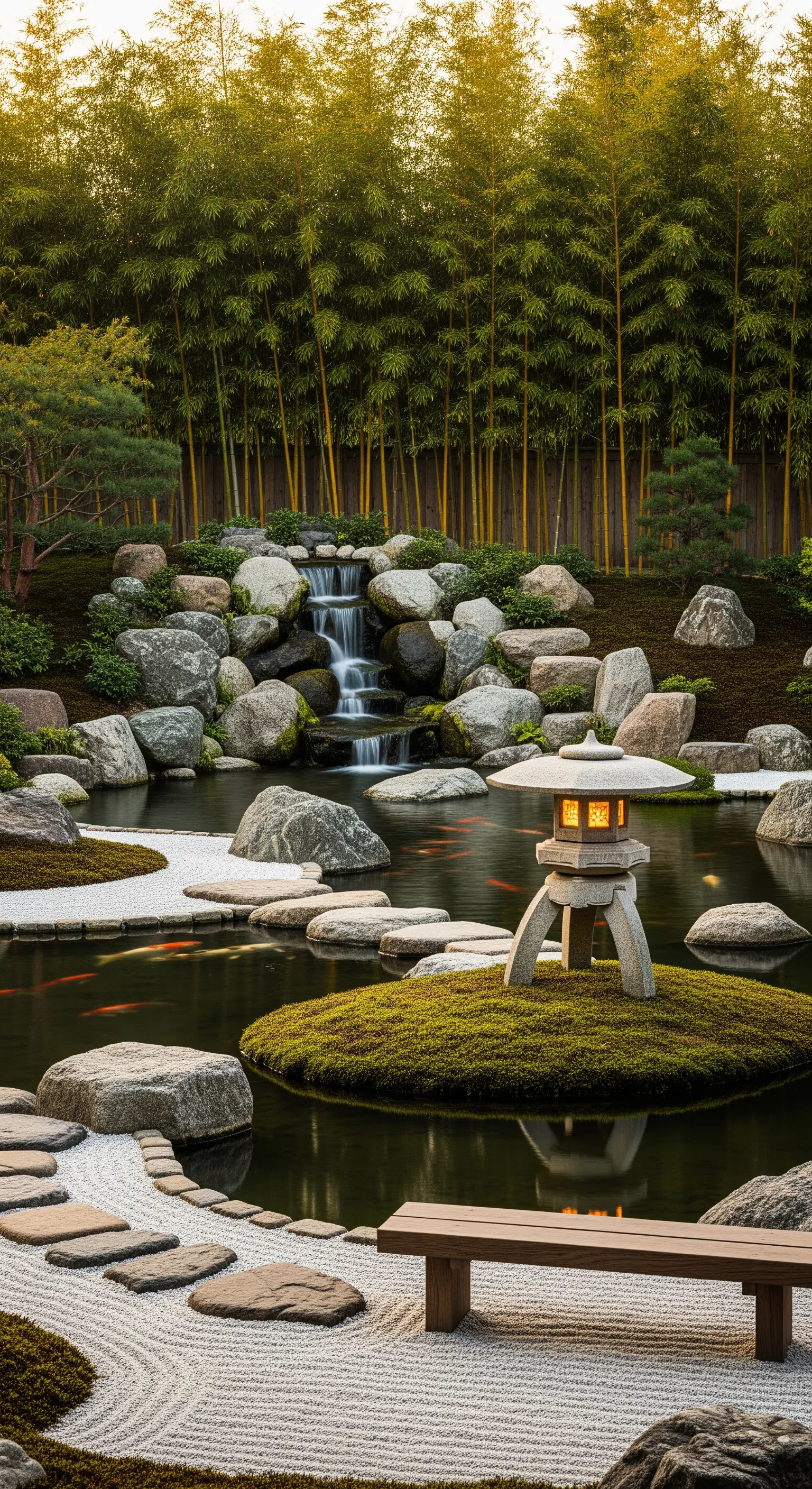 Giardino zen con laghetto, cascata, lanterne in pietra e una panchina in legno.