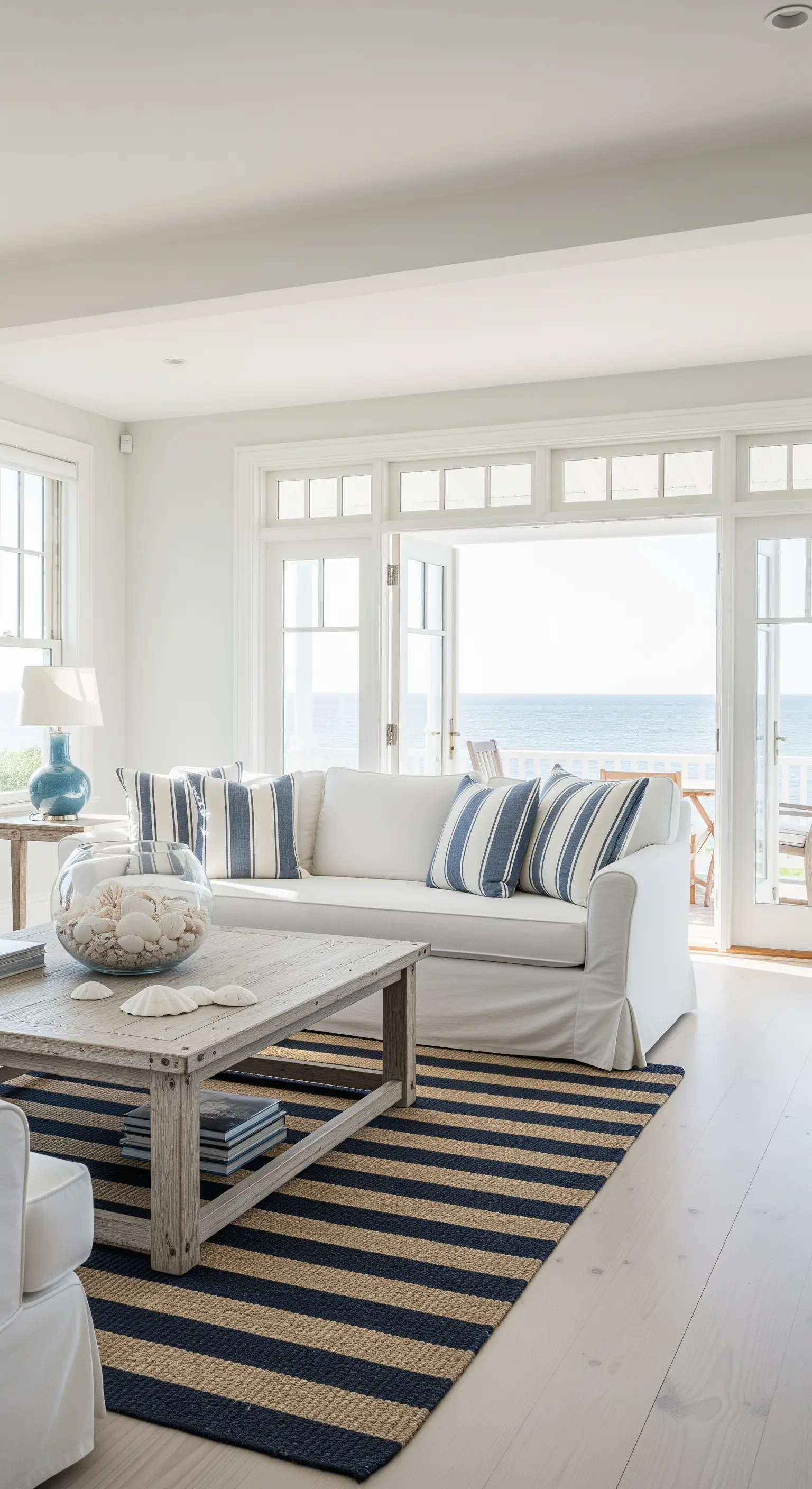 Soggiorno con divano bianco, cuscini a righe blu e tavolino in legno sbiancato.