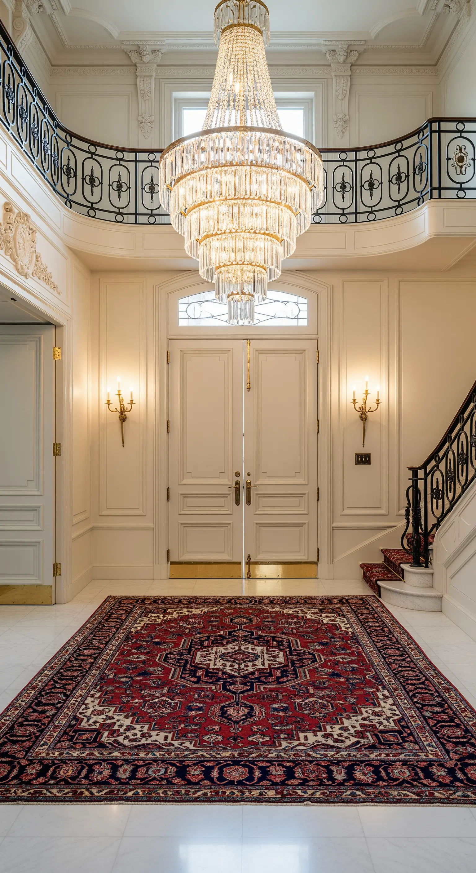 Atrio classico con imponente lampadario di cristallo, tappeto persiano e scala a chiocciola.