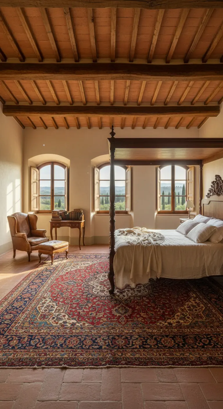 Camera da letto rustica con soffitto a travi, letto a baldacchino e tappeto persiano.
