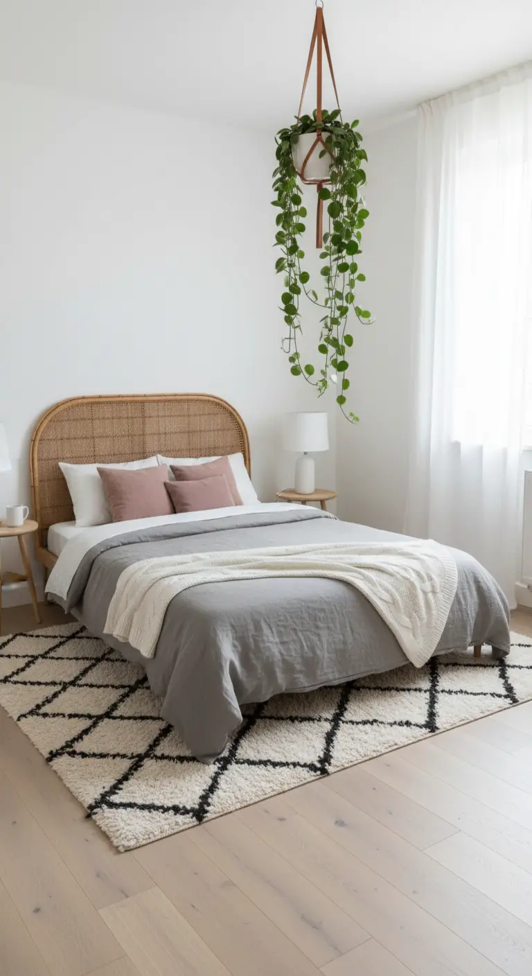 Letto con testiera in rattan, tappeto geometrico bianco e nero e una pianta sospesa.