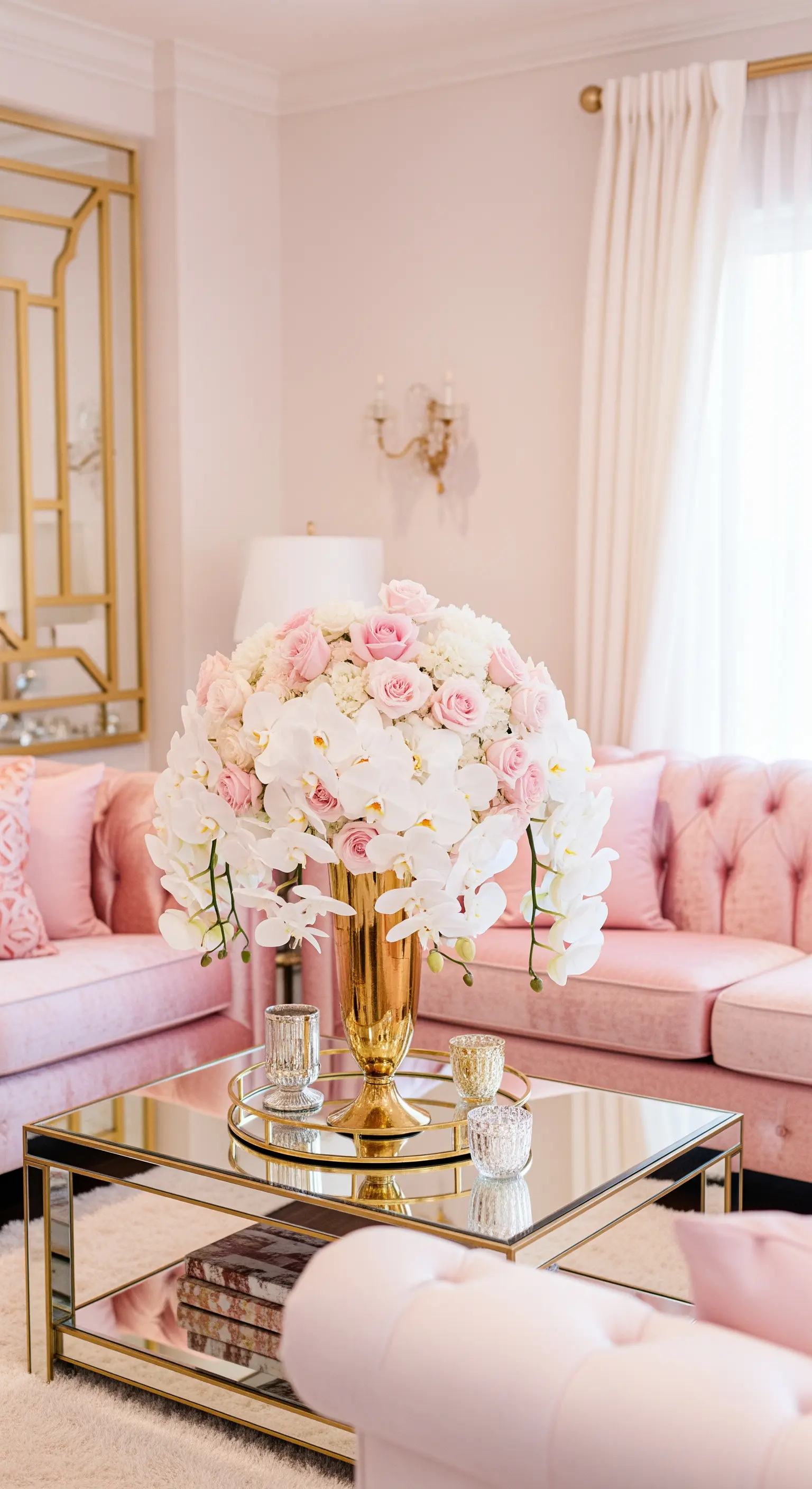 Dettaglio di un salotto rosa con divano Chesterfield e tavolino dorato a specchio.