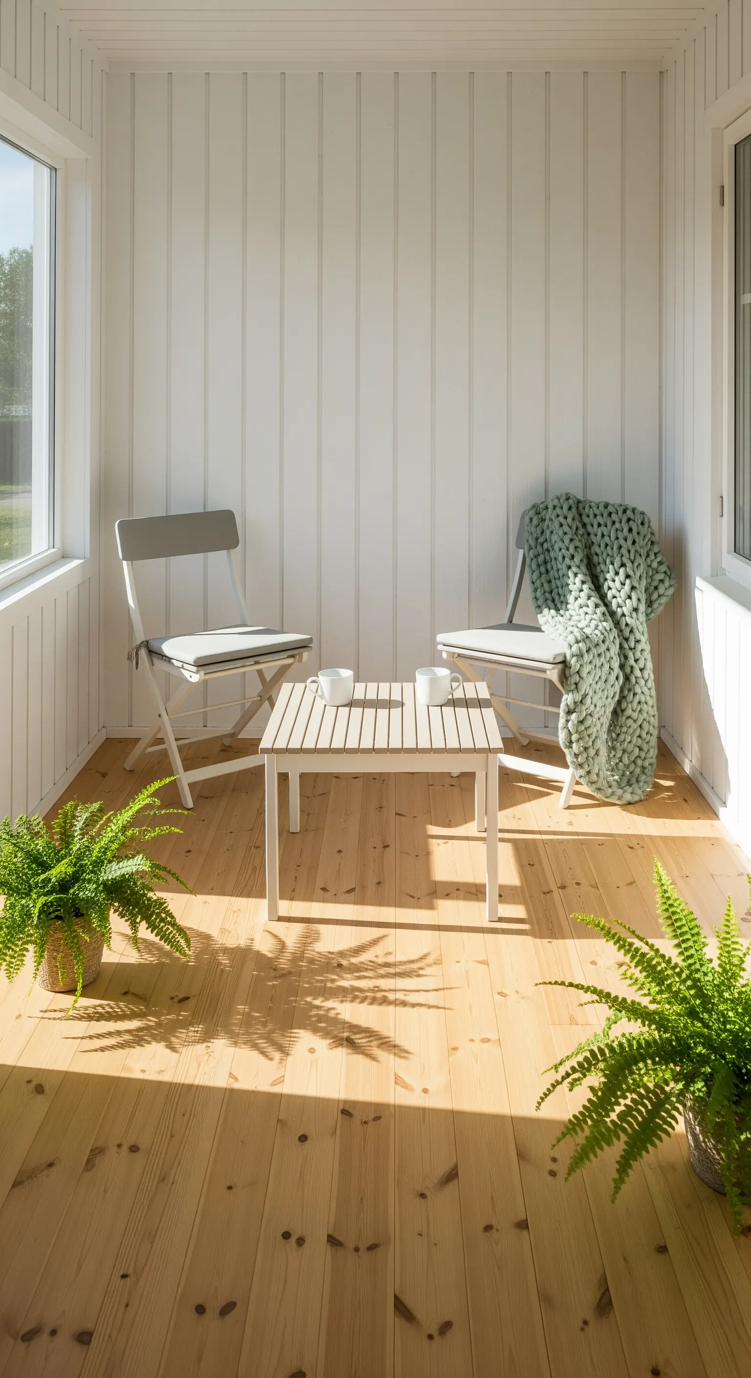 Portico scandinavo con sedie pieghevoli, plaid verde menta e felci in vasi.