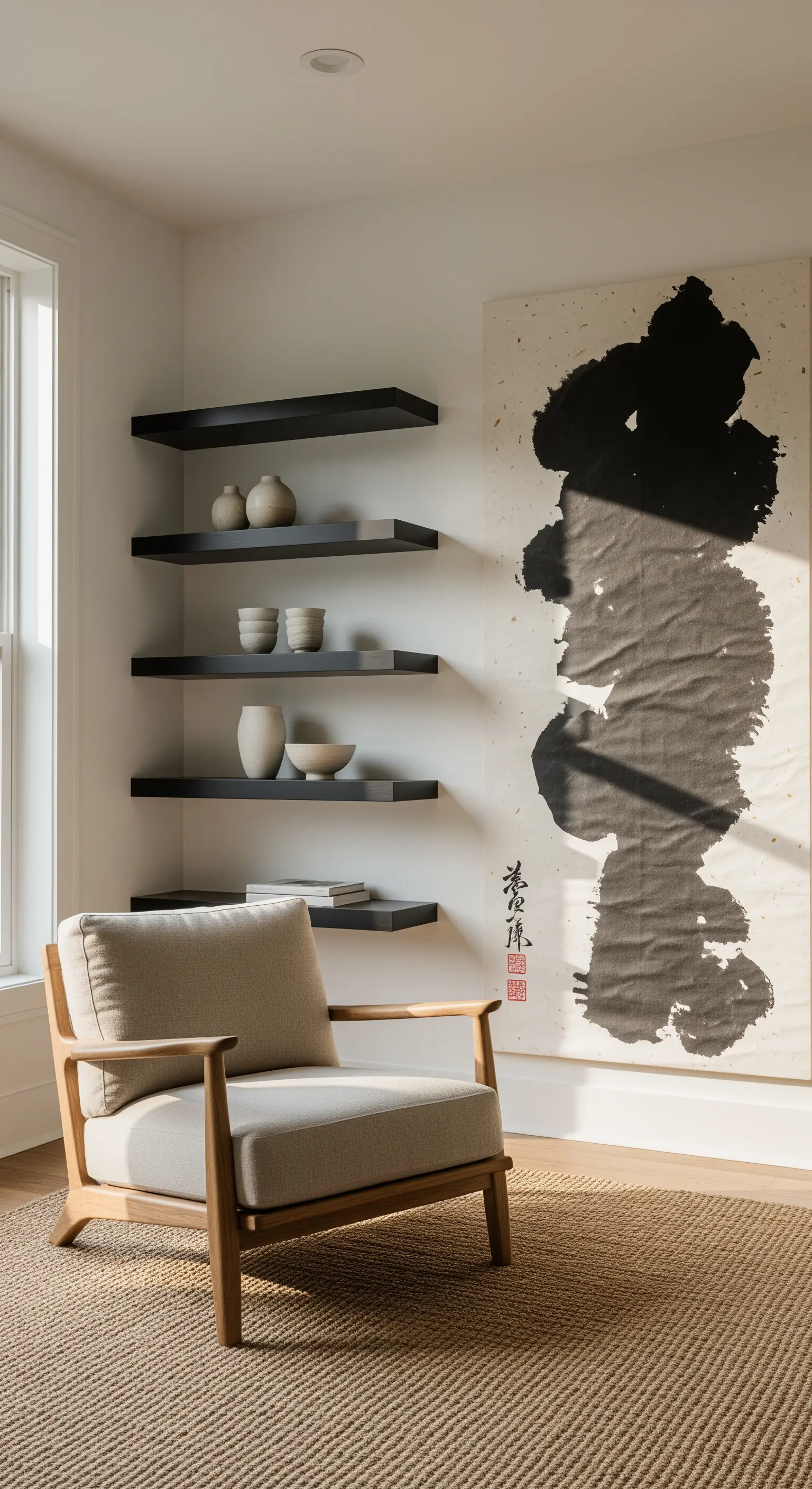 Angolo con mensole nere flottanti, poltrona in legno chiaro e grande tela calligrafica.