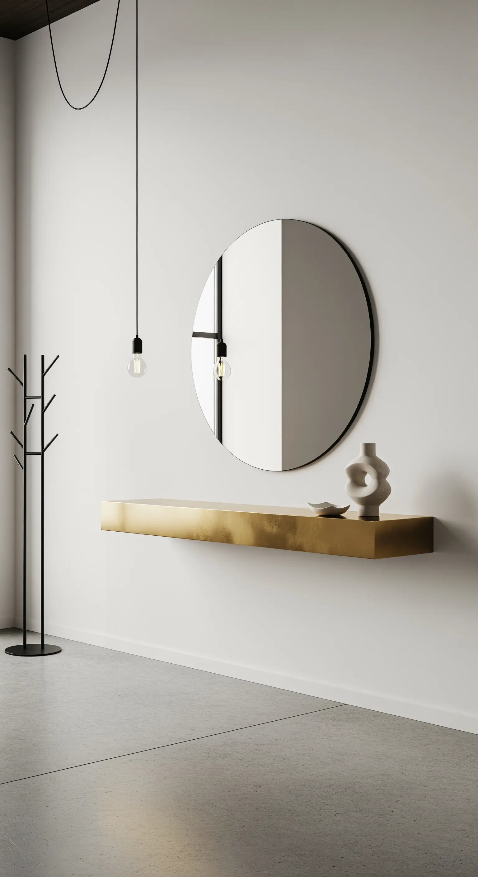 Ingresso minimalista con mensola dorata sospesa, specchio rotondo e lampada a sospensione.