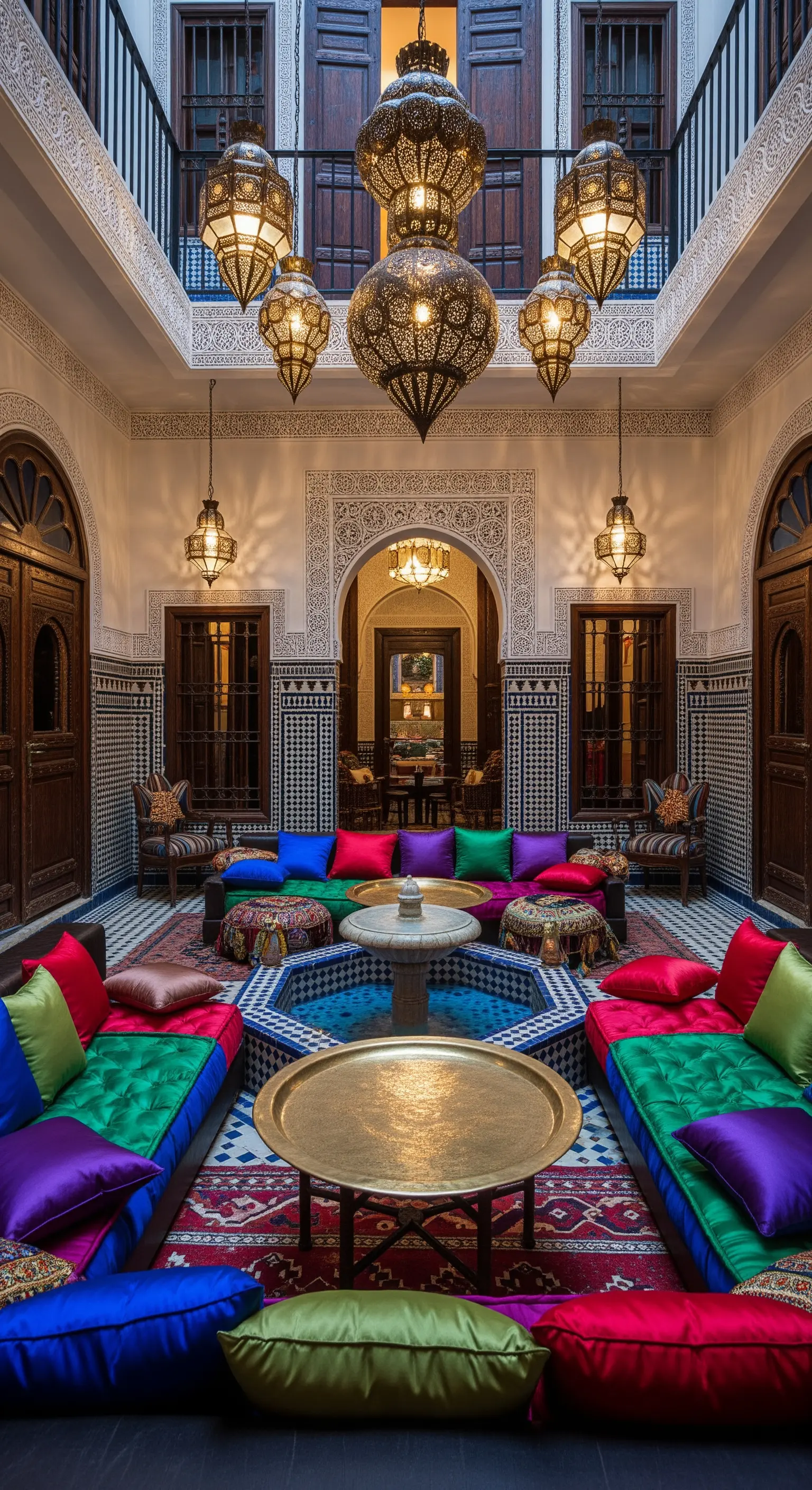 Cortile interno di un riad marocchino con fontana, divani bassi con cuscini colorati e lanterne.