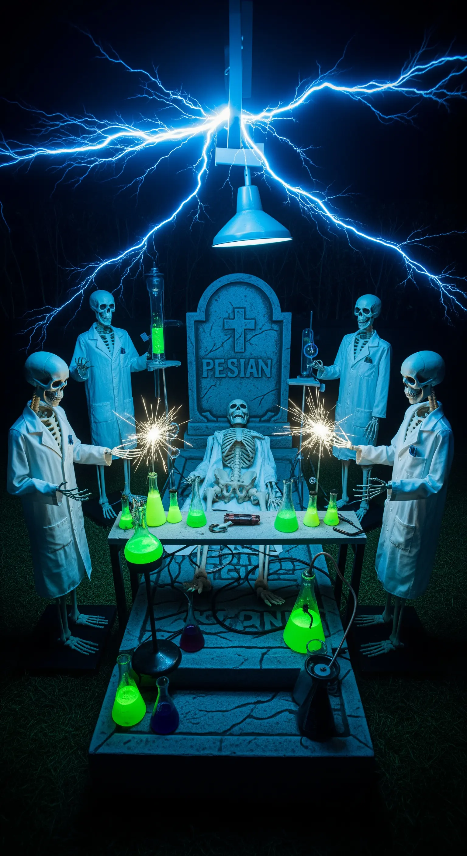 Scheletri-scienziati conducono un esperimento elettrico su un altro scheletro in un laboratorio.