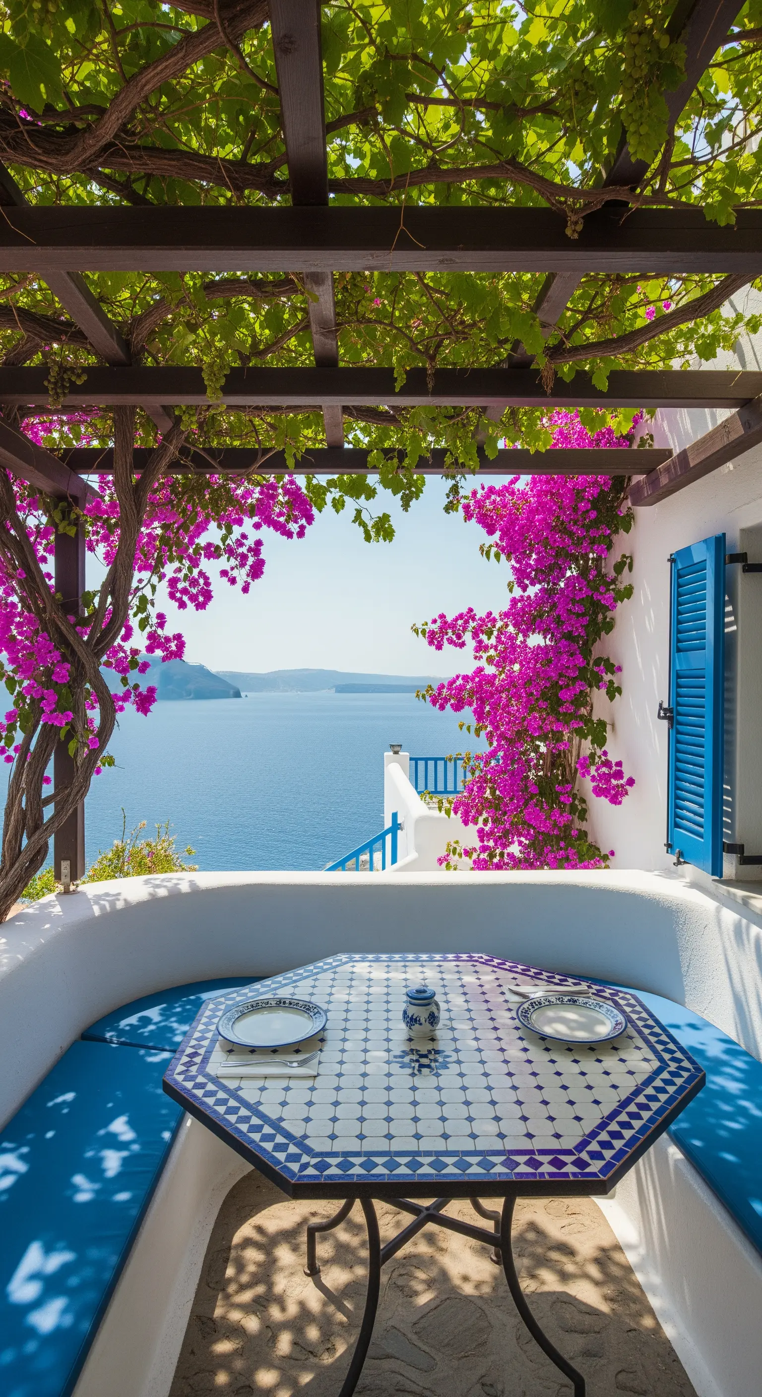 Balcone in stile greco con tavolo in mosaico, panca in muratura e vista sul mare.