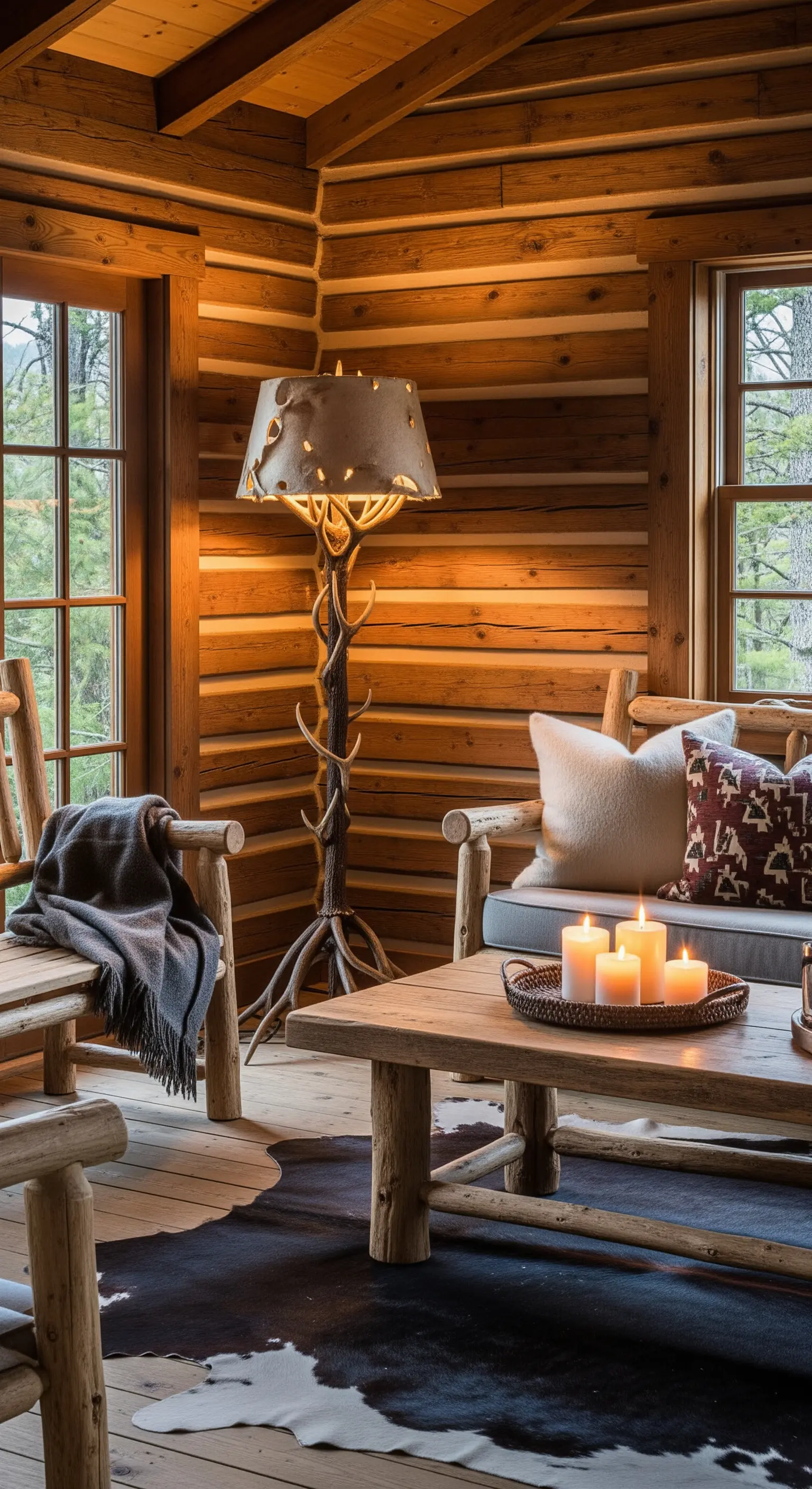 Interno di una baita in legno con divani rustici e lampada da terra con base a forma di rami.