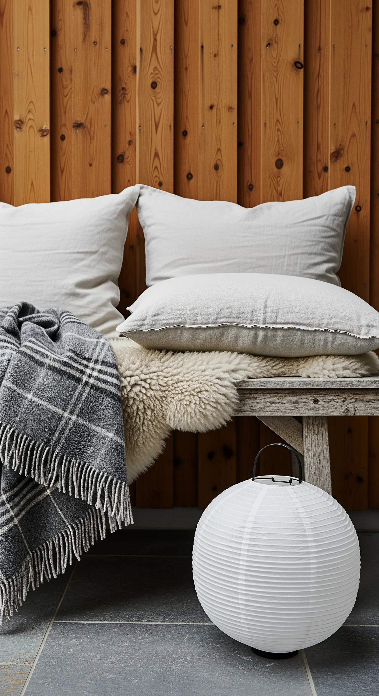 Panca in legno con cuscini, plaid e pelle di pecora, con una lanterna di carta a terra.