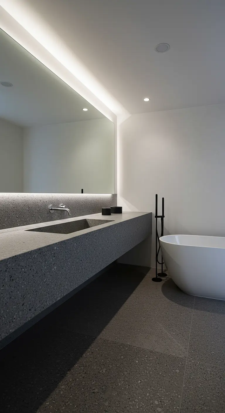 Bagno minimalista con lavabo e top in terrazzo grigio e illuminazione lineare a LED.