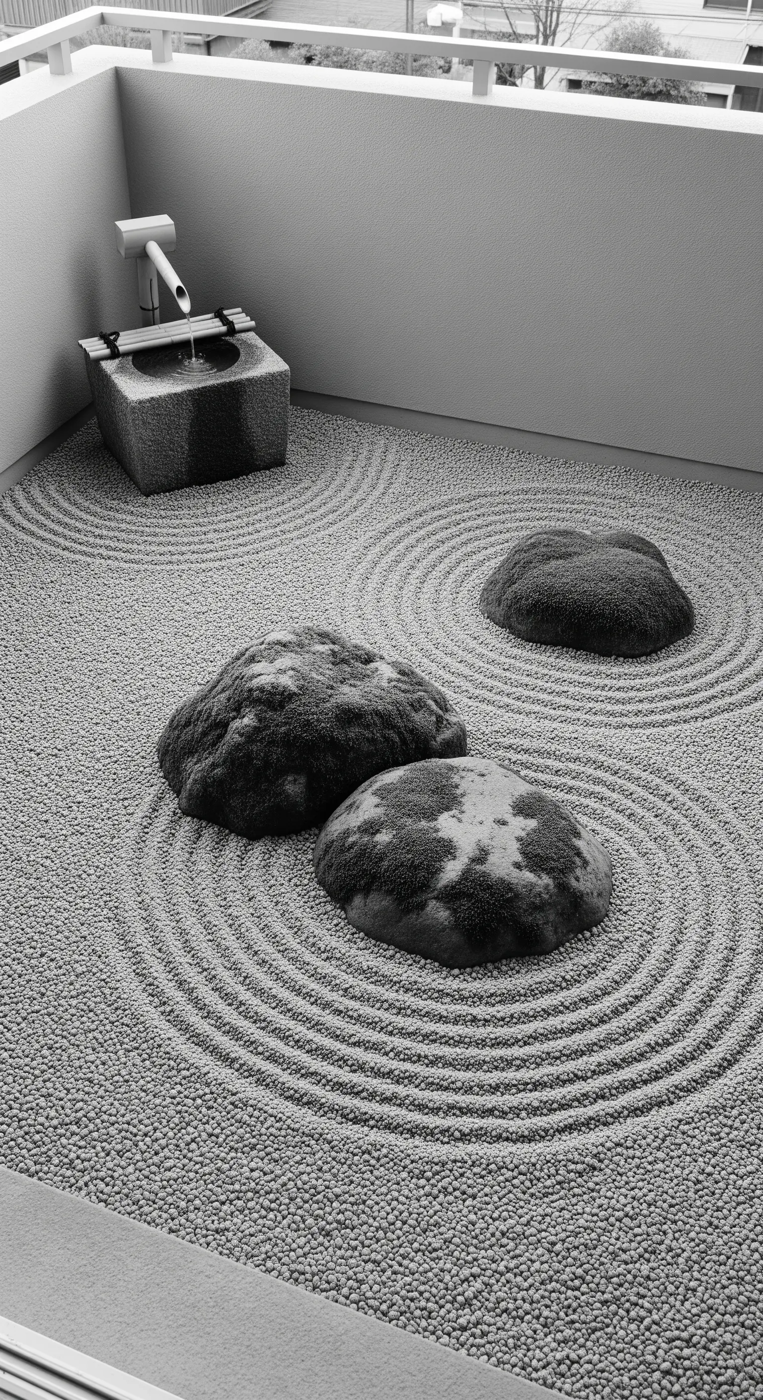 Giardino zen monocromatico con ghiaia rastrellata, rocce e una piccola fontana.