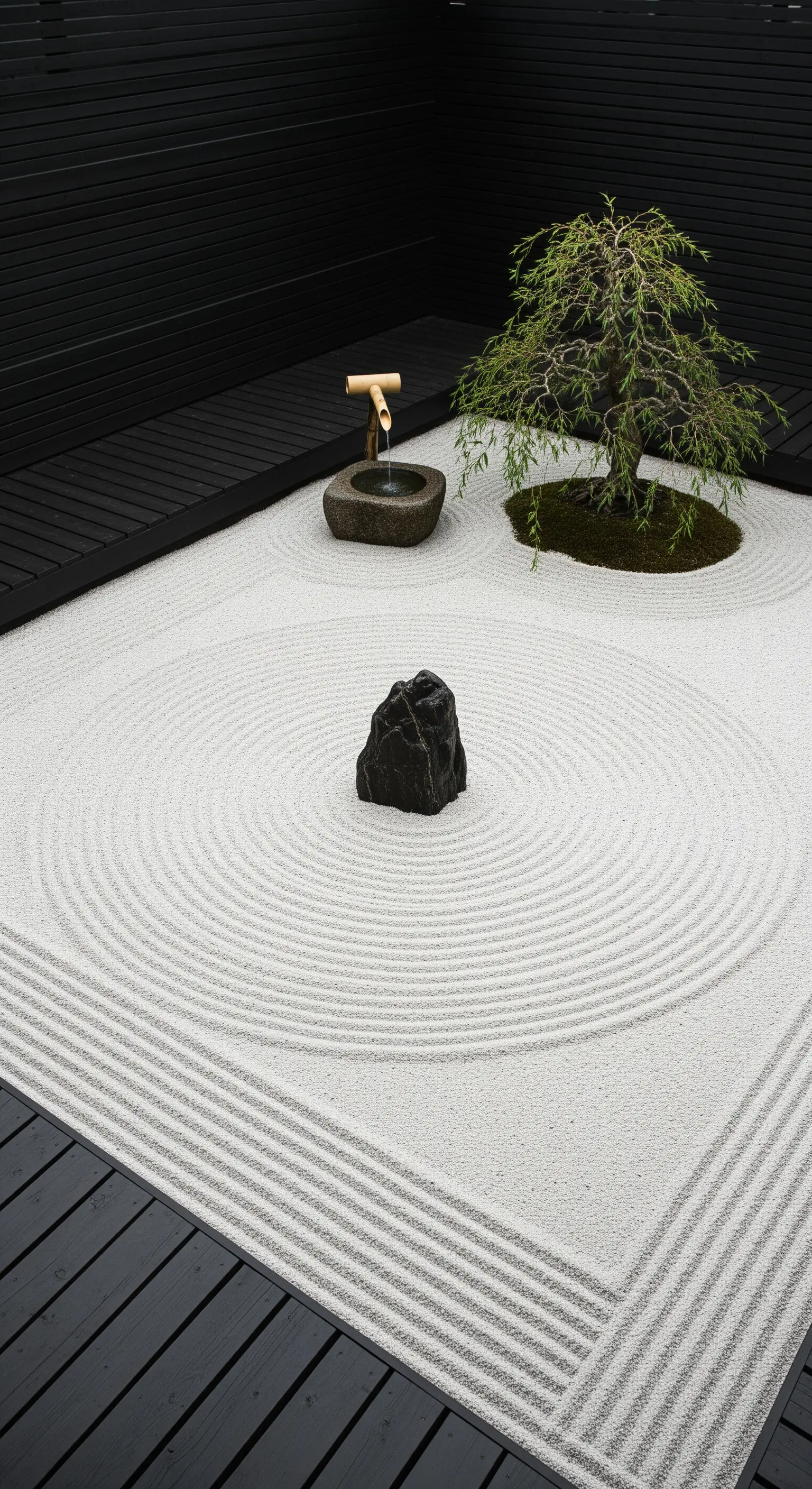 Giardino zen minimale con sabbia bianca rastrellata a cerchi e roccia scura centrale