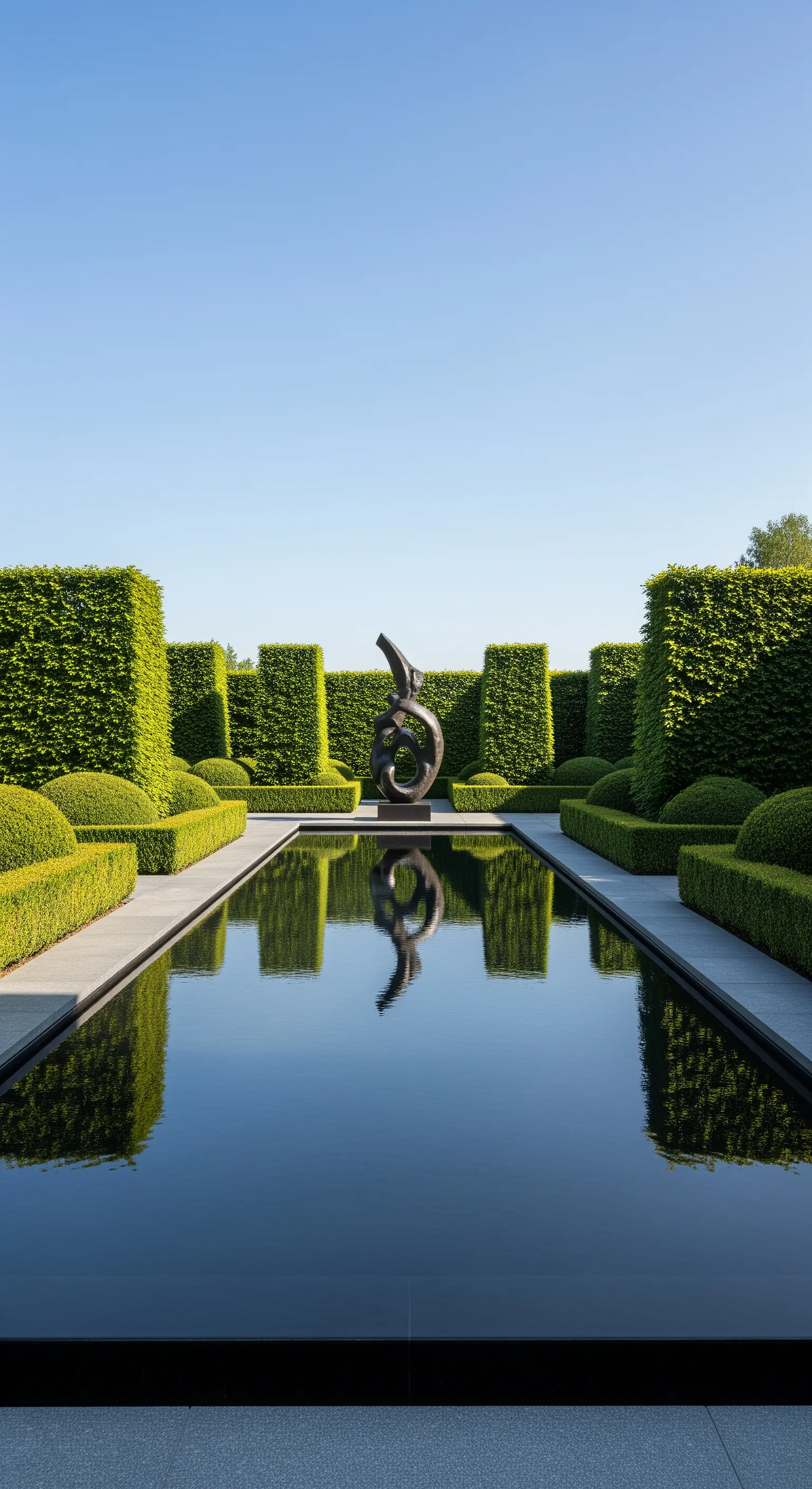 Giardino contemporaneo con una lunga vasca d'acqua riflettente e una scultura moderna in bronzo.