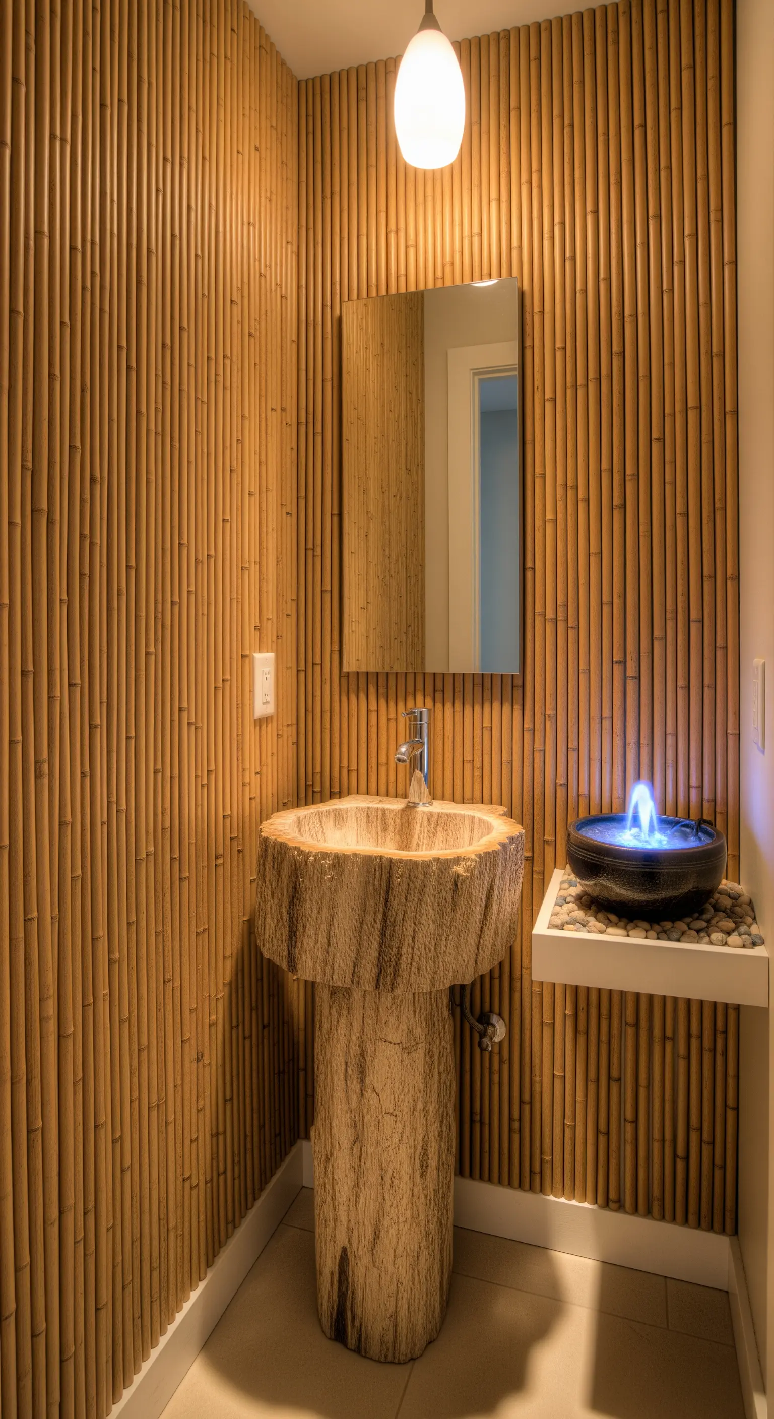 Bagno piccolo con pareti in bambù, lavabo a piedistallo in legno grezzo e fontanella.