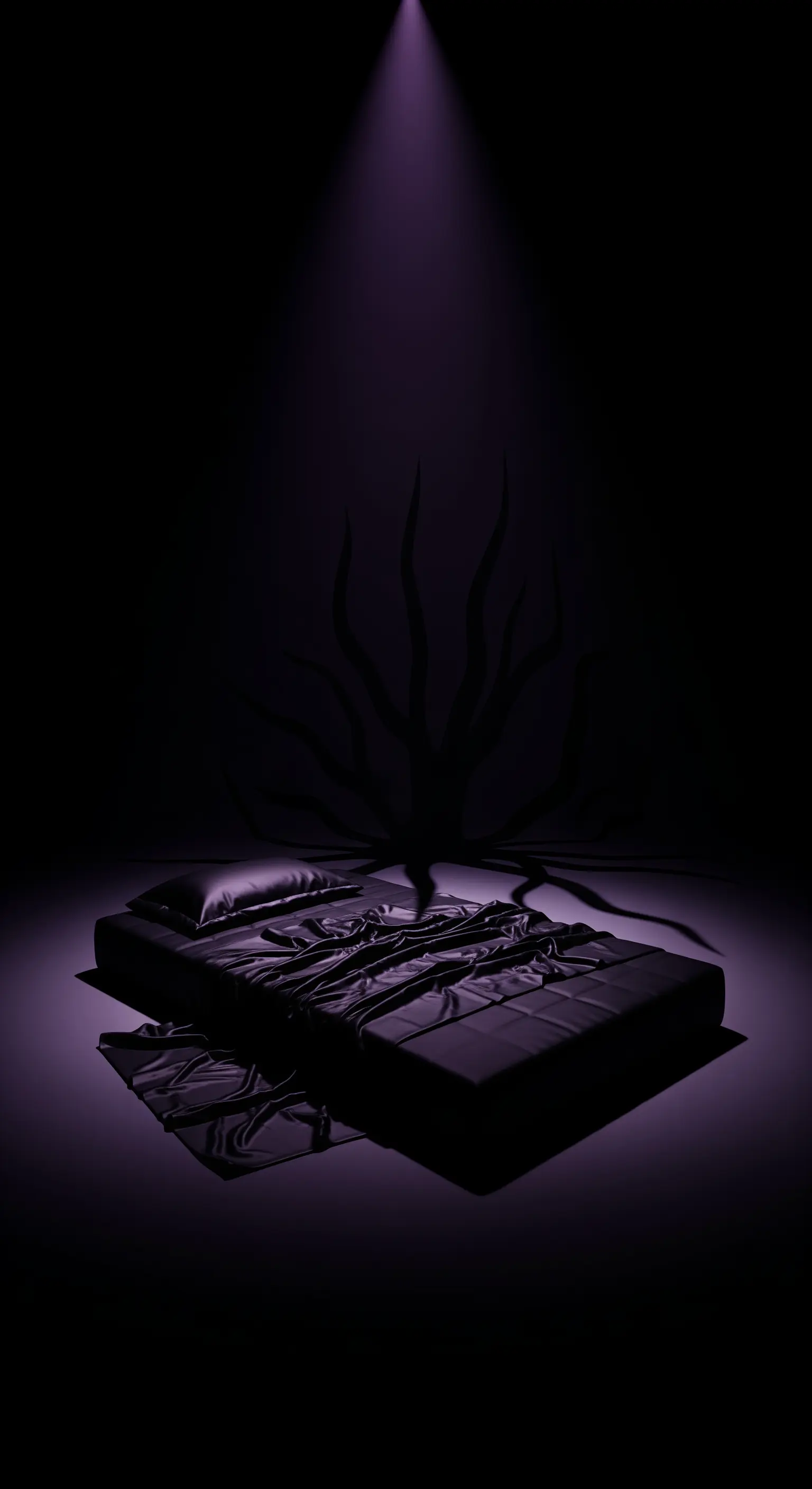 Un materasso nero a terra, illuminato da un unico faretto viola in una stanza buia.