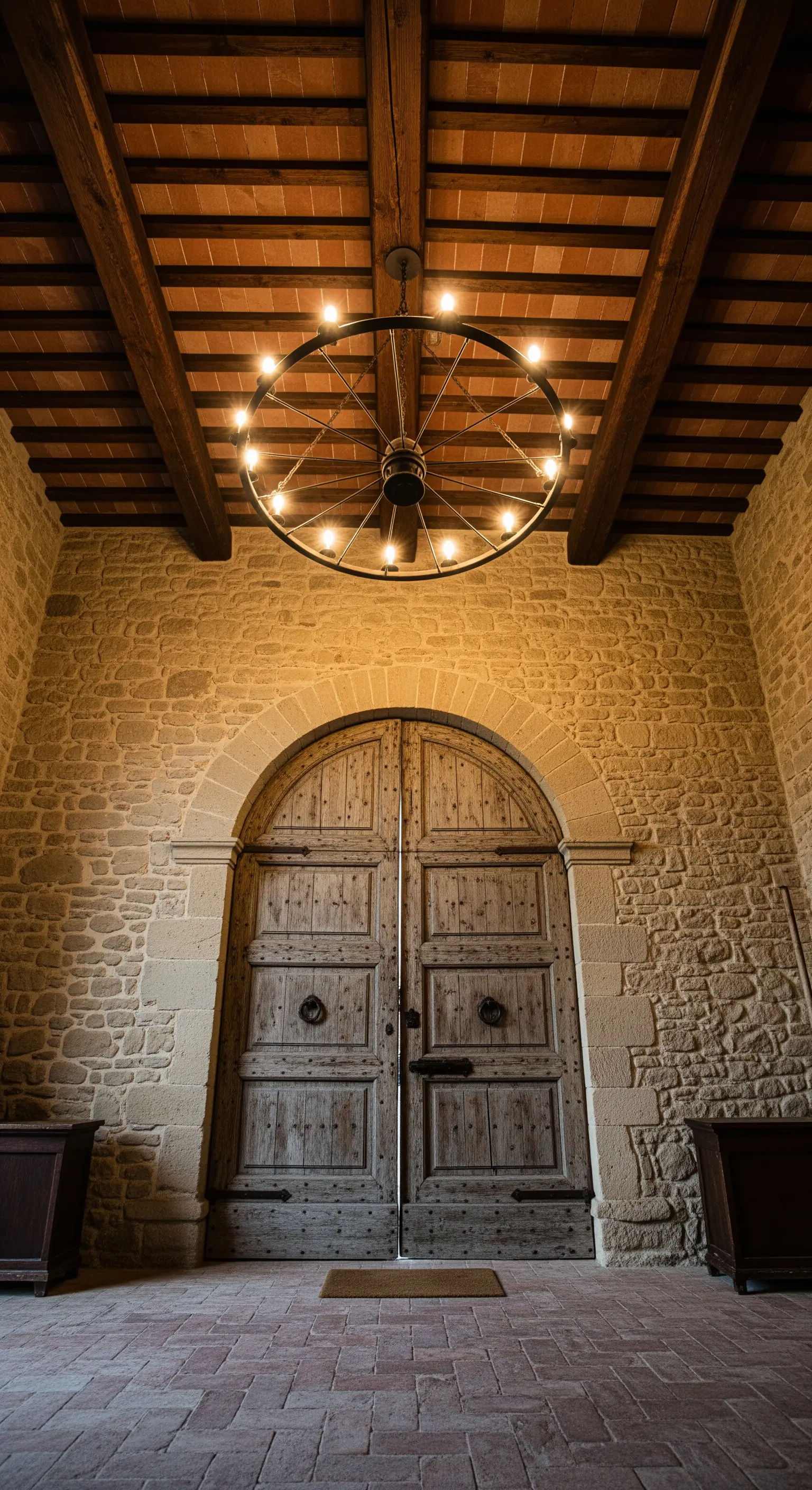 Ingresso rustico con pareti in pietra, pavimento in cotto e grande lampadario a ruota in ferro.