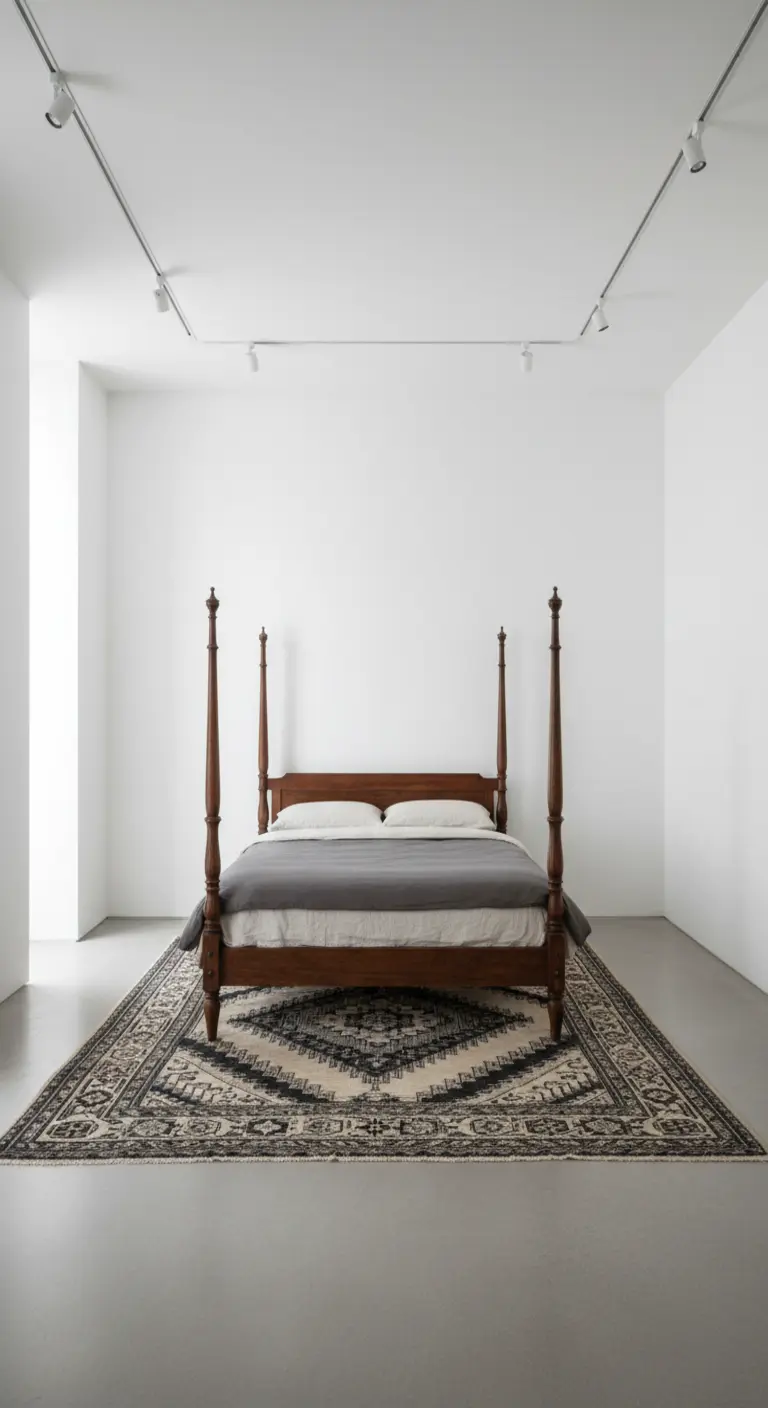 Camera minimalista con letto a baldacchino e tappeto Kilim come unici arredi.