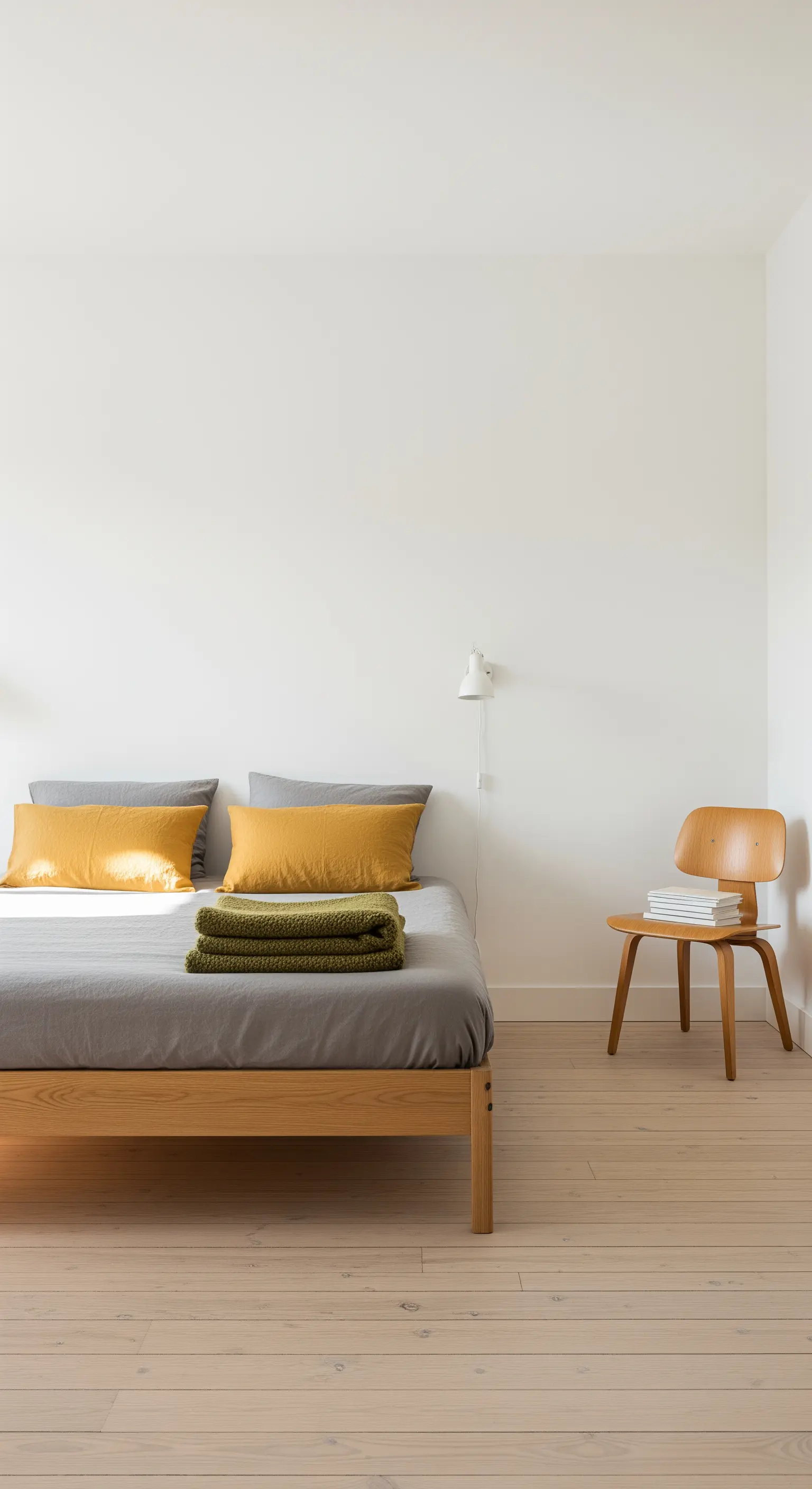 Camera da letto scandinava minimalista con cuscini senape e coperta verde oliva.