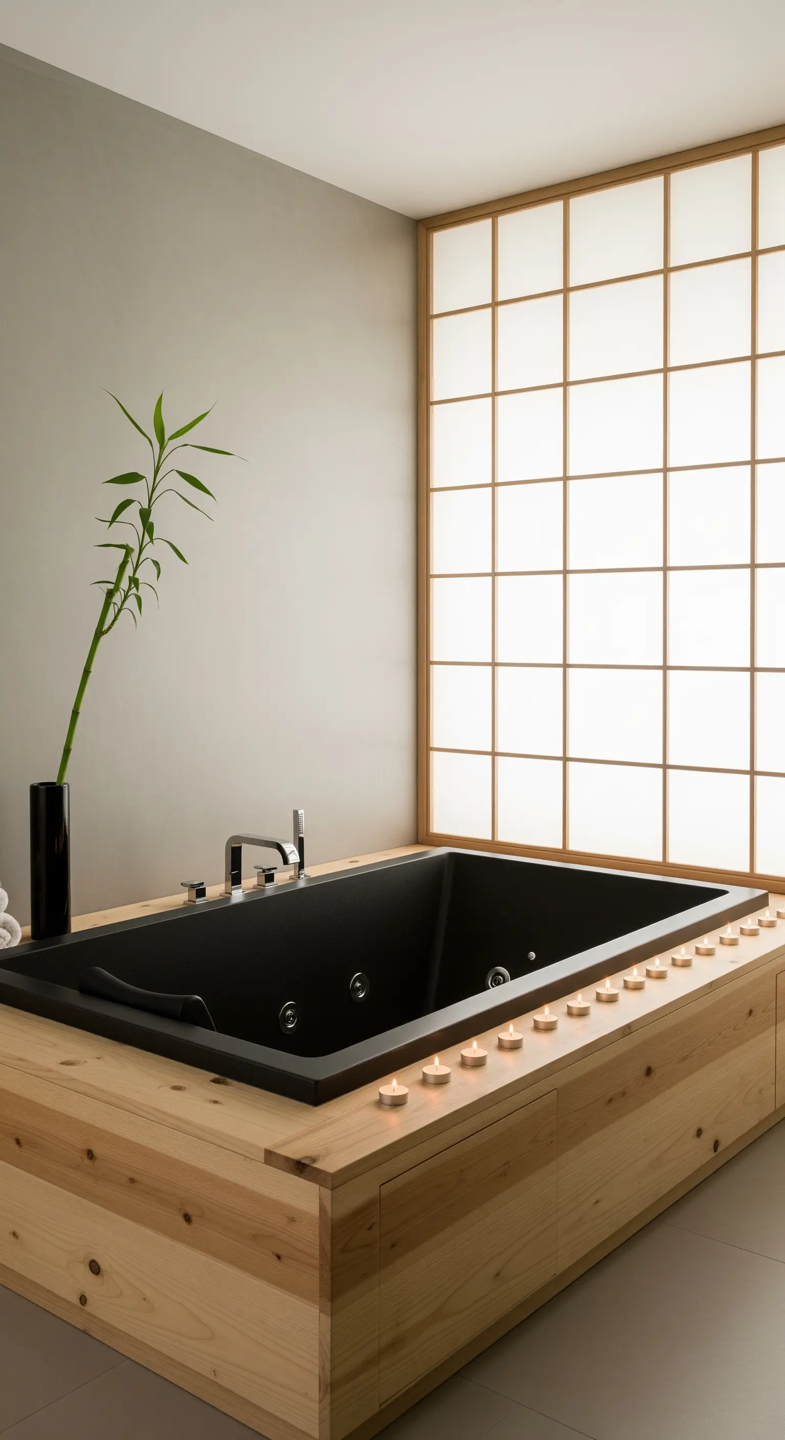 Vasca idromassaggio nera in una struttura di legno chiaro, con parete shoji e bambù.