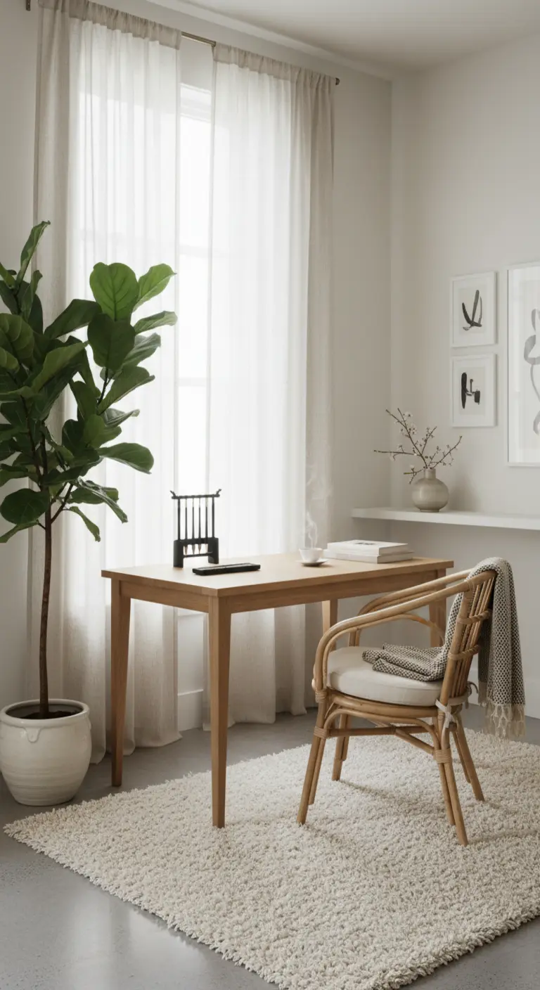Angolo studio minimalista con scrivania in legno, sedia in rattan e una grande pianta a foglia larga.