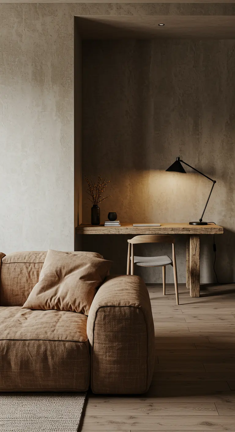 Scrivania minimale in legno in una nicchia illuminata da una lampada da tavolo.