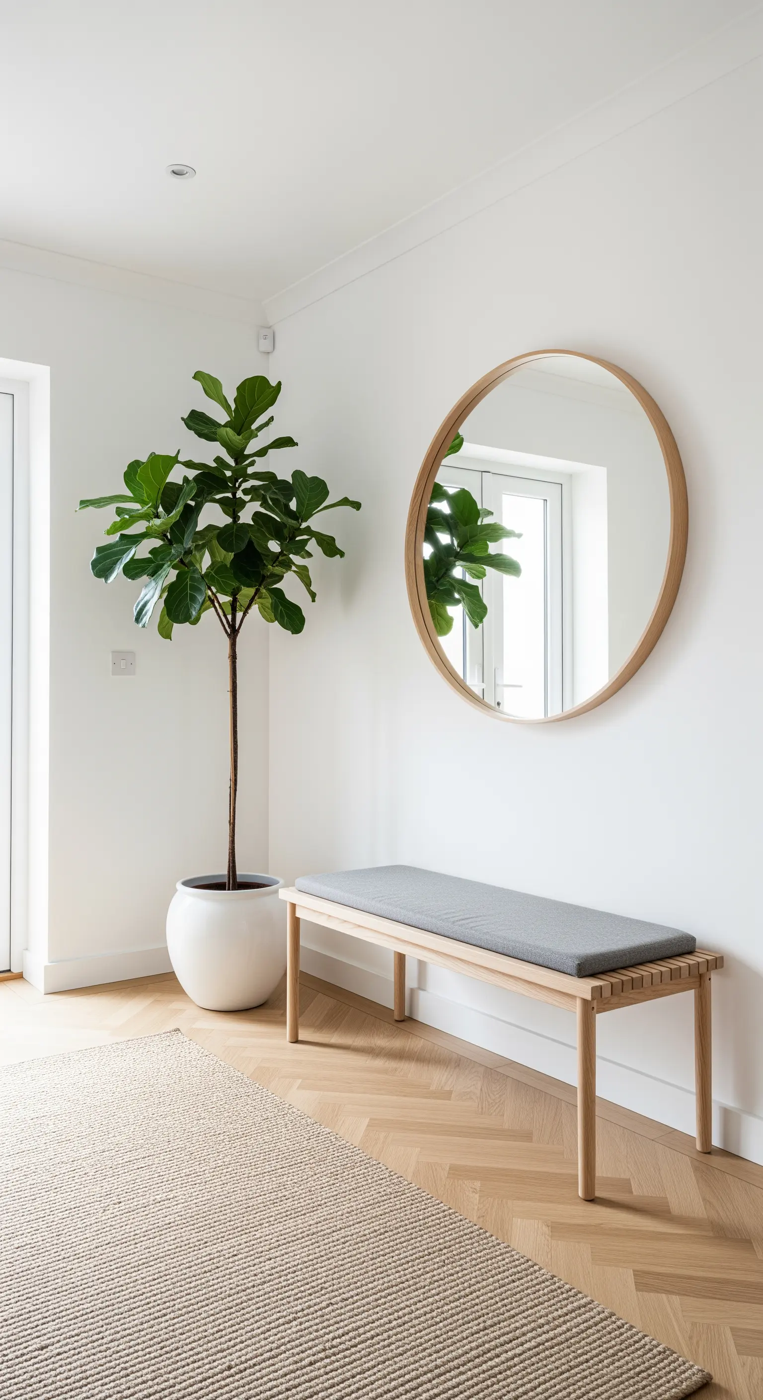 Ingresso scandinavo minimalista con panca in legno, specchio rotondo e Ficus Lyrata.
