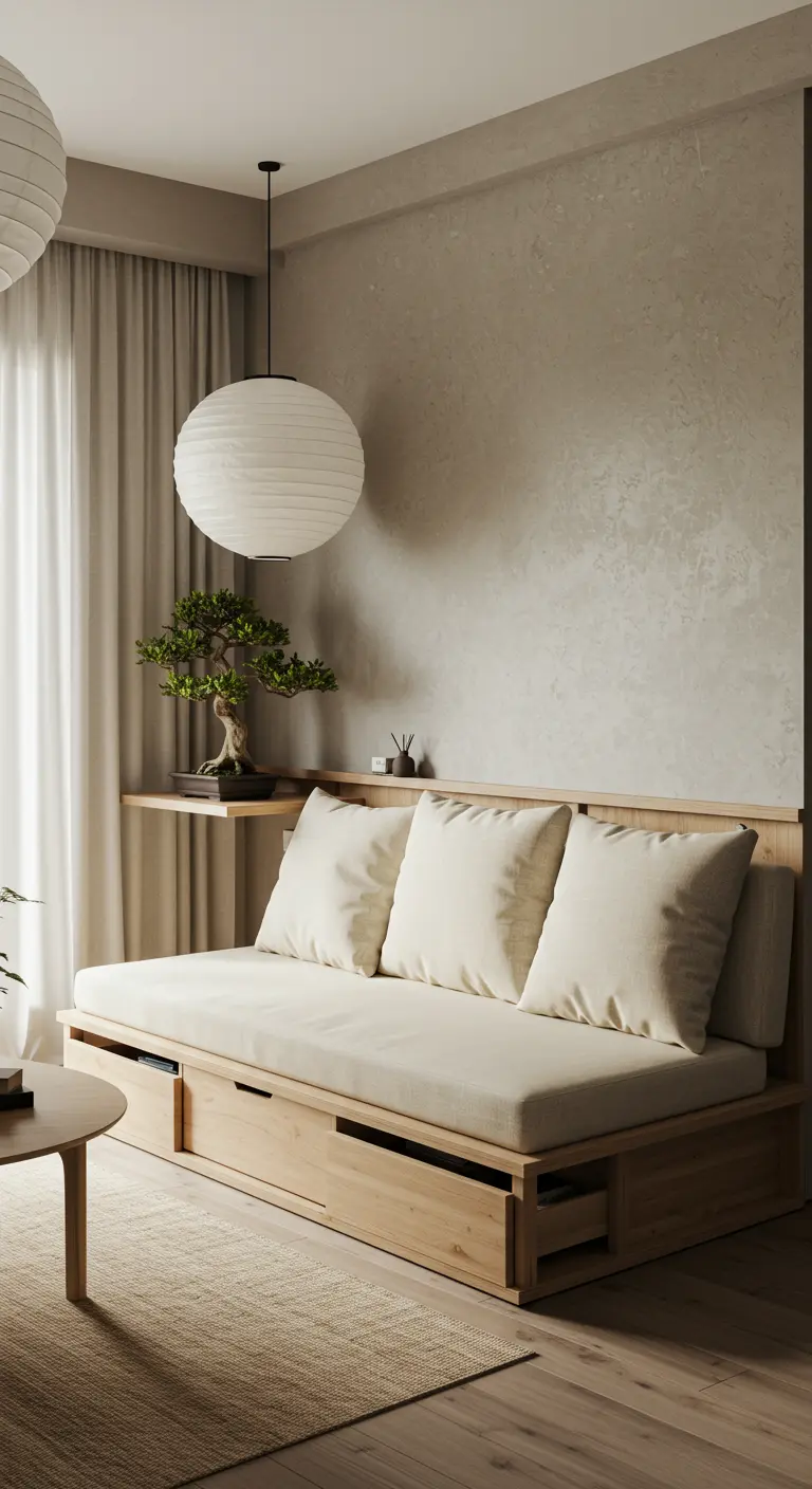 Divano-letto in stile Japandi con cassettoni e mensola posteriore in legno chiaro.