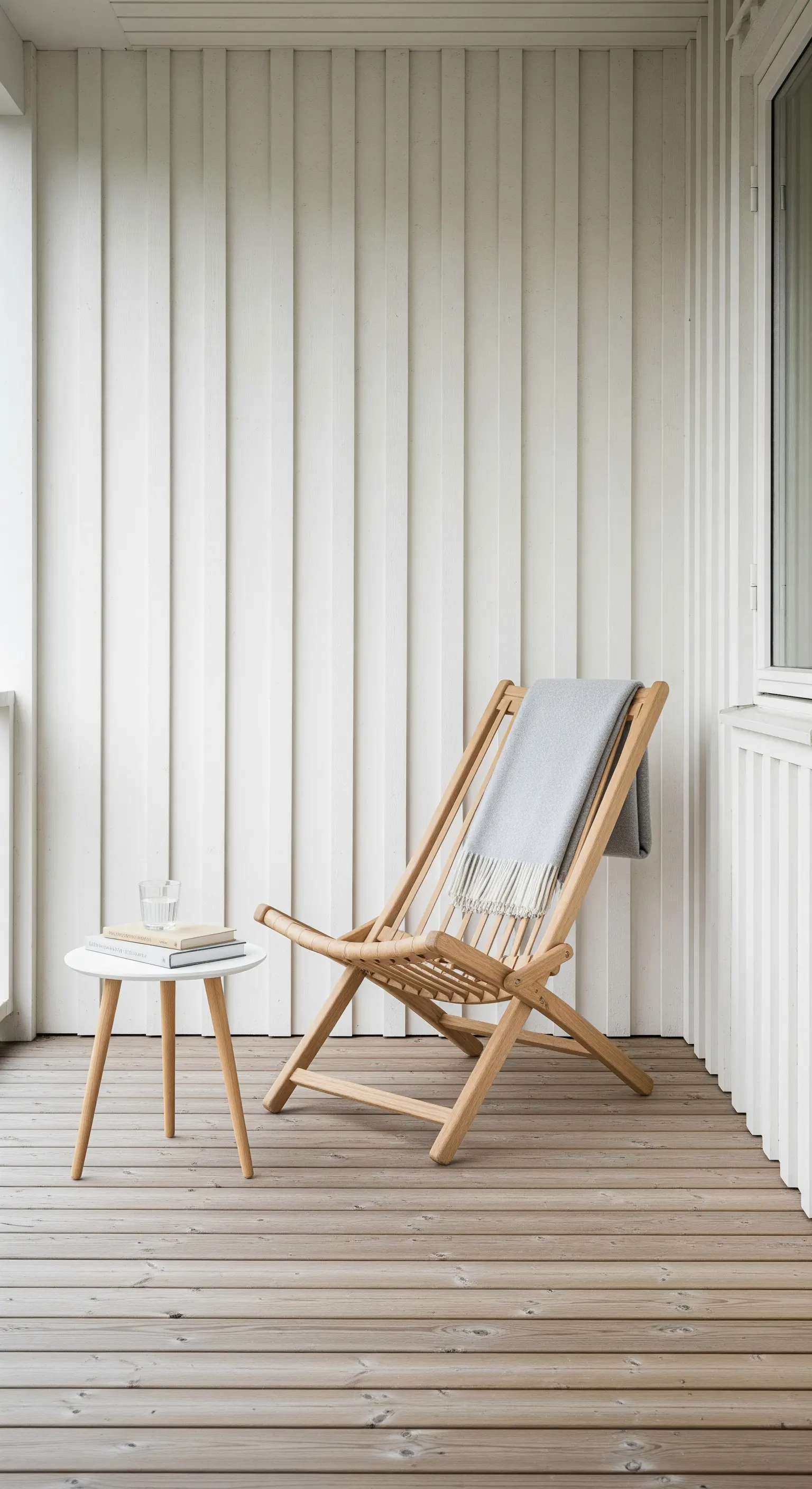 Angolo minimale con una sedia sdraio pieghevole in legno e un tavolino bianco rotondo.