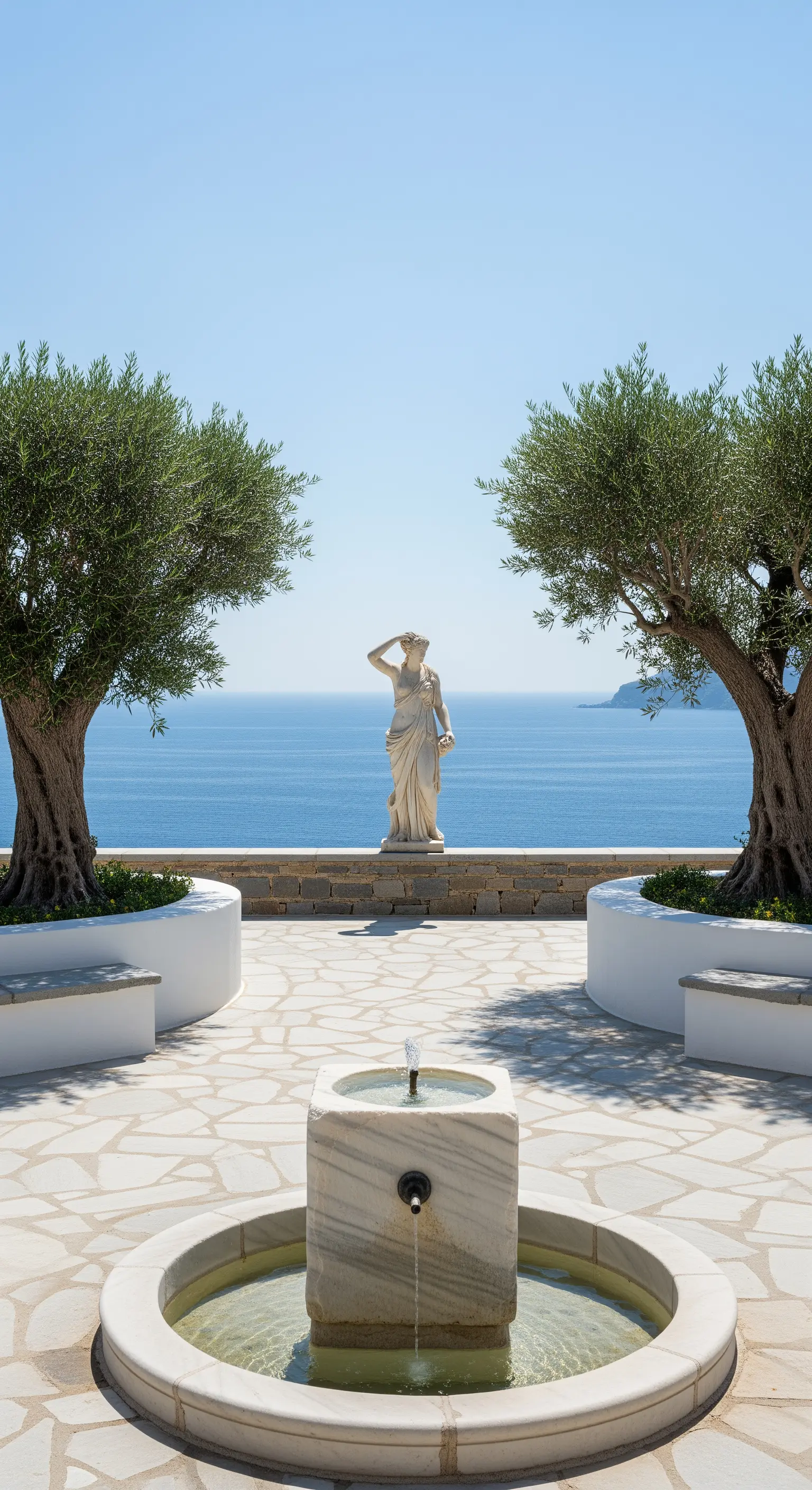 Terrazza mediterranea con due ulivi, una statua e una piccola fontana vista mare.