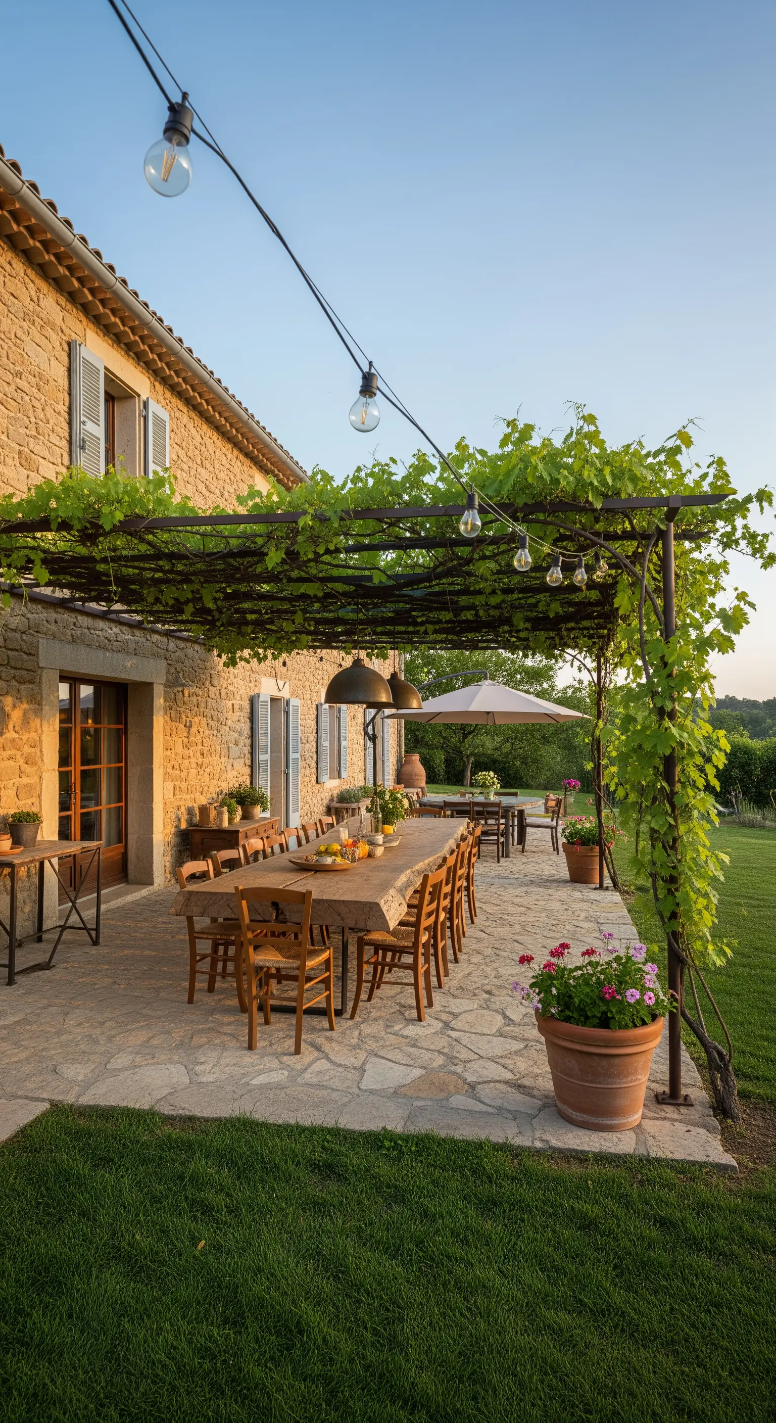 Patio di una casa in pietra con pergola in ferro e un lungo tavolo conviviale.