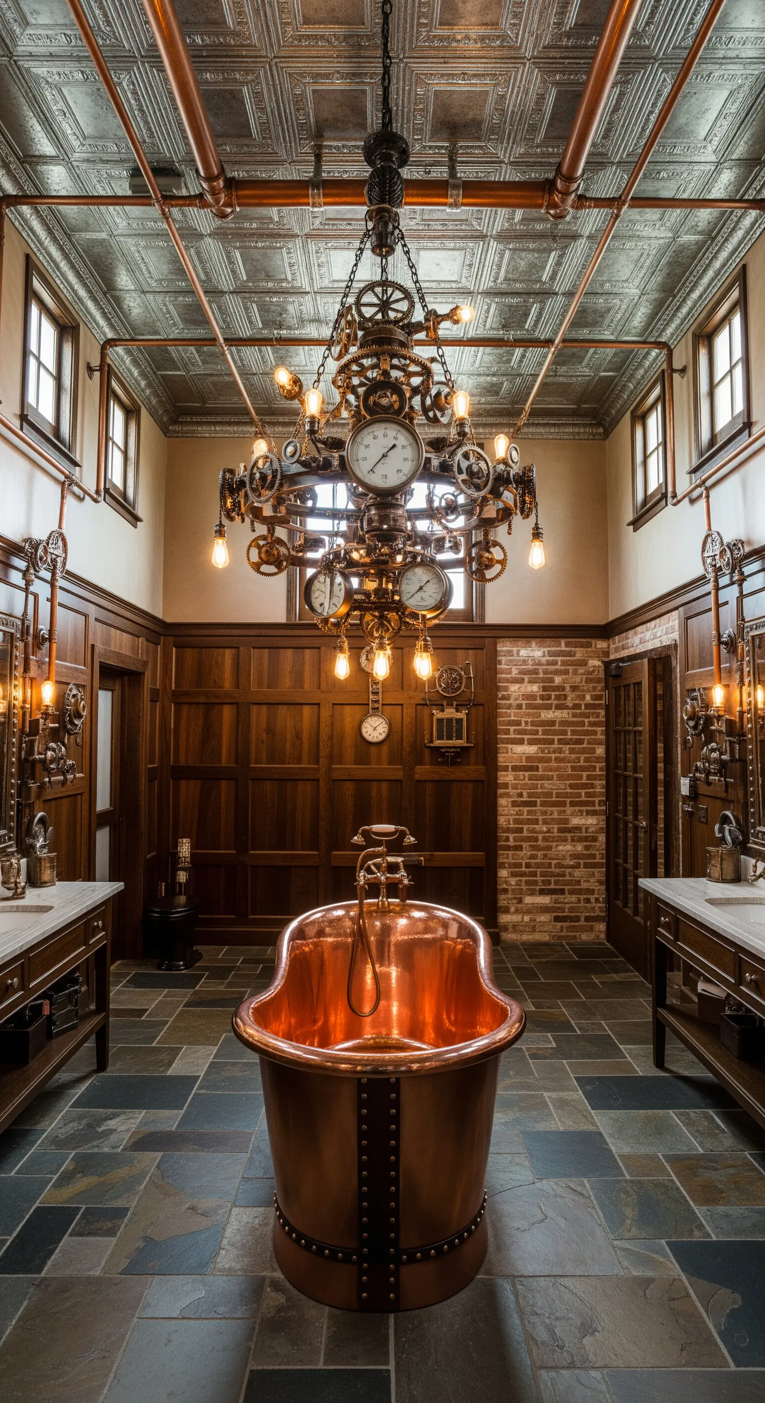 Bagno in stile Steampunk con un complesso lampadario fatto di ingranaggi e orologi, e una vasca in rame.