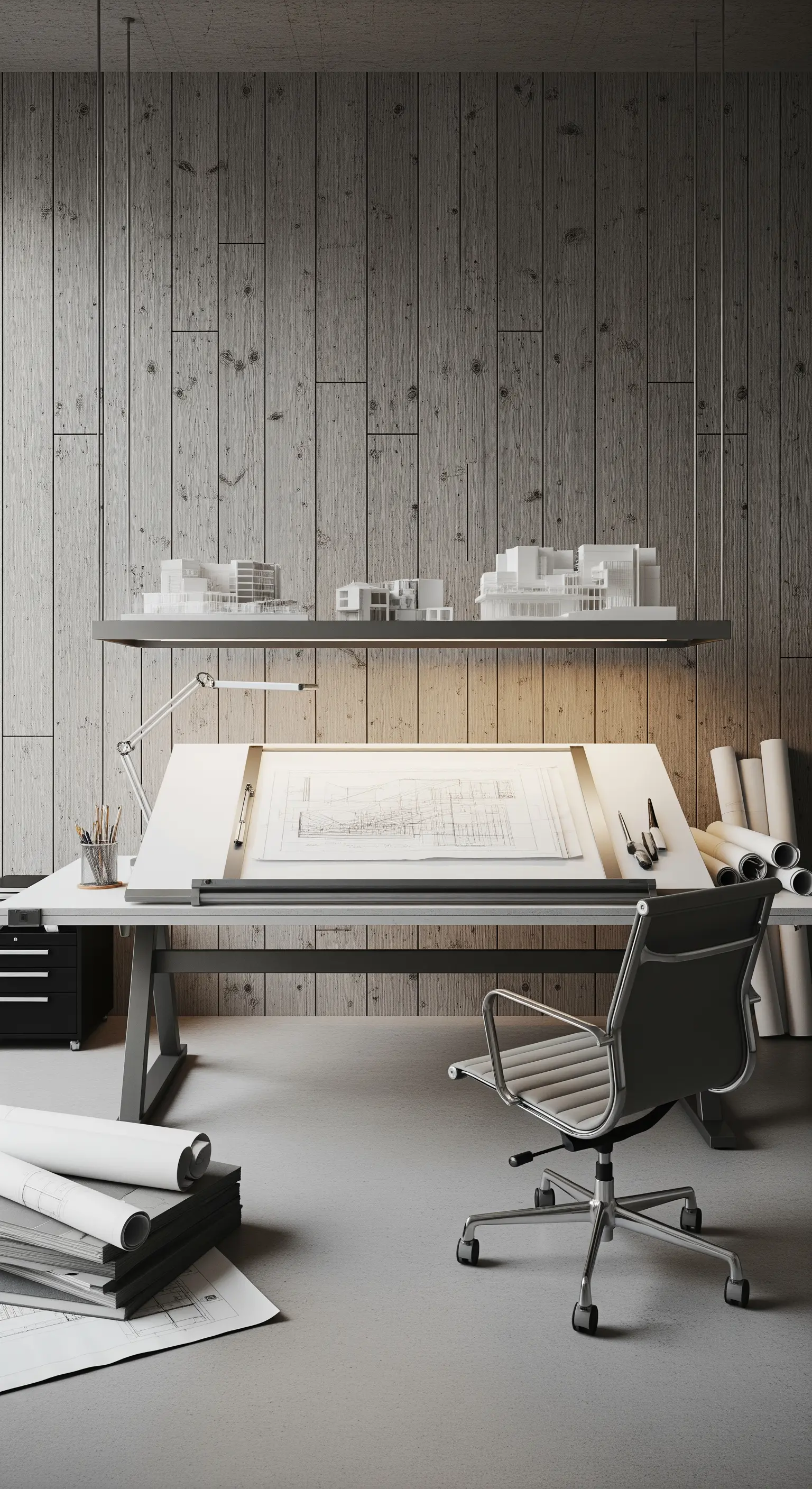 Studio da architetto con tavolo da disegno e parete in cemento chiaro a listoni.